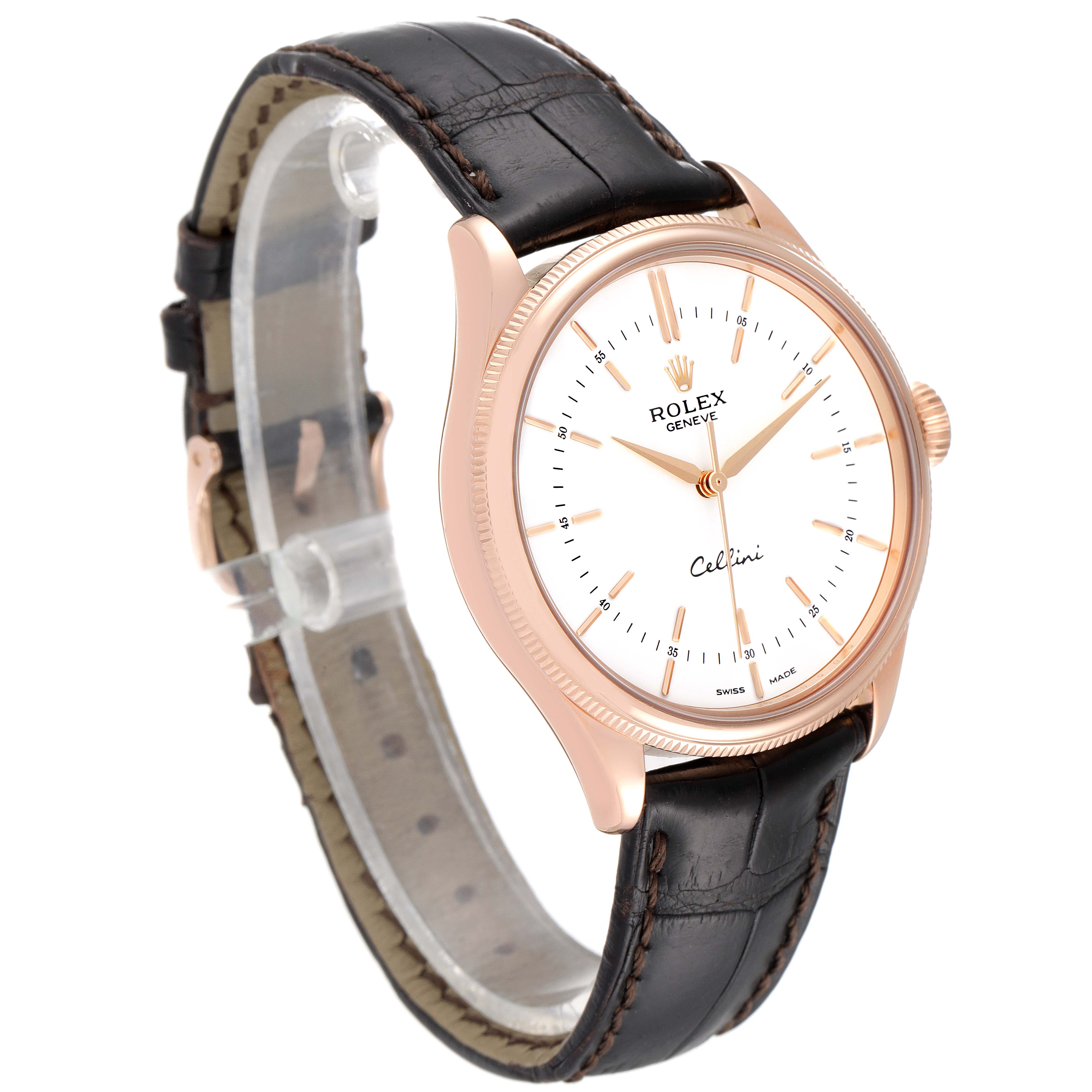 This image shows a side-angle view of a Rolex Cellini 50505 Men's Rose Gold White Dial 50505 Men's Rose Gold White Dial watch, highlighting the face, bezel, and leather strap.
