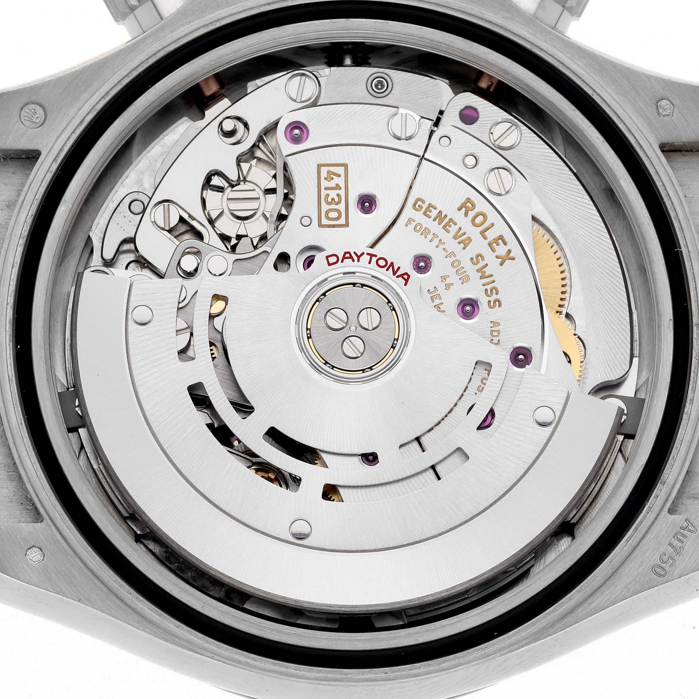 The image shows the movement of a Rolex Daytona 116519LN Men's White Gold Silver Dial 116519LN Men's White Gold Silver Dial watch, focusing on the inner mechanical parts.