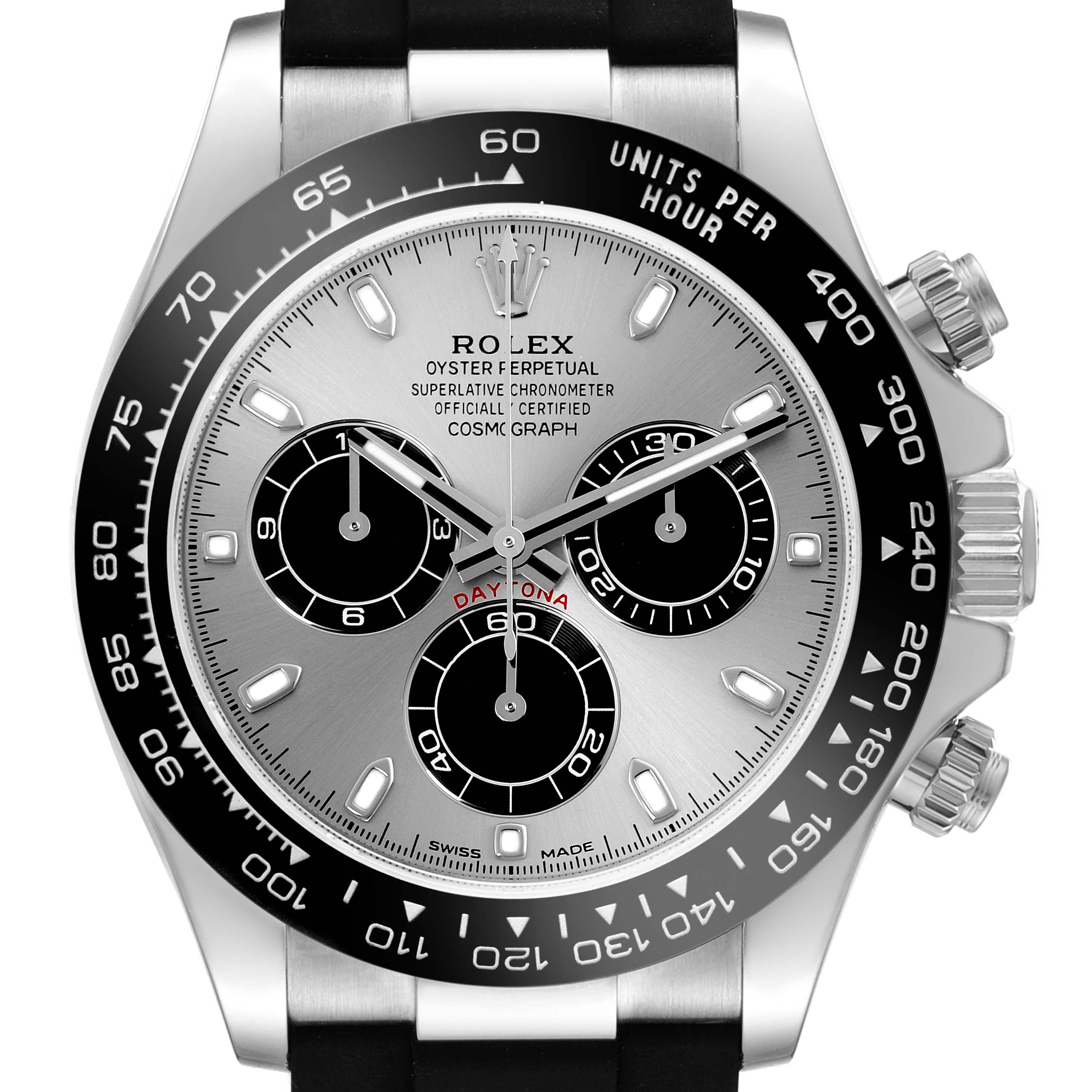 This is a front view of a Rolex Daytona 116519LN Men's White Gold Silver Dial 116519LN Men's White Gold Silver Dial watch, showing the dial, bezel with tachymetric scale, and pushers on the side.