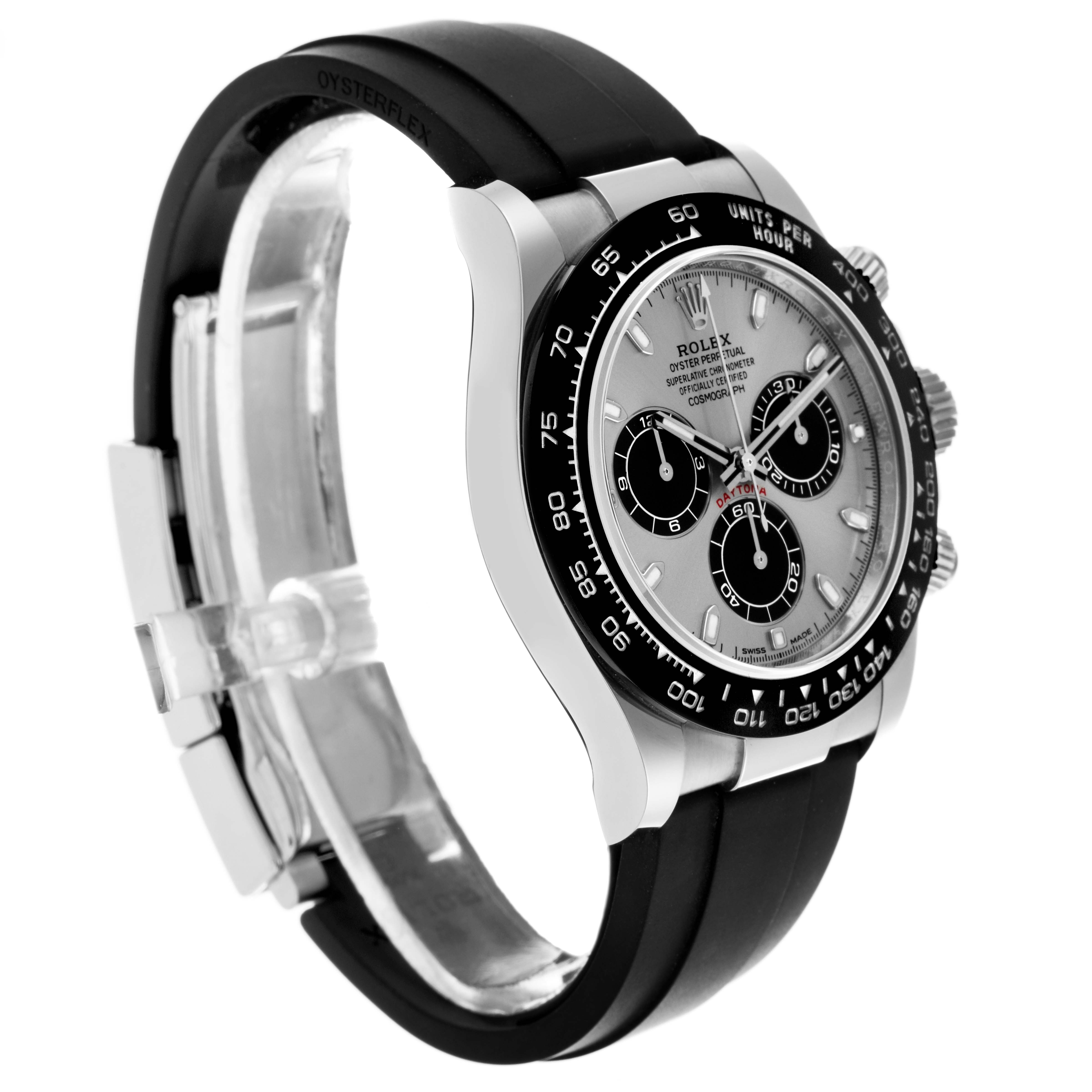 The Rolex Daytona 116519LN Men's White Gold Silver Dial 116519LN Men's White Gold Silver Dial watch is shown at an angle highlighting its side profile and black Oysterflex strap.