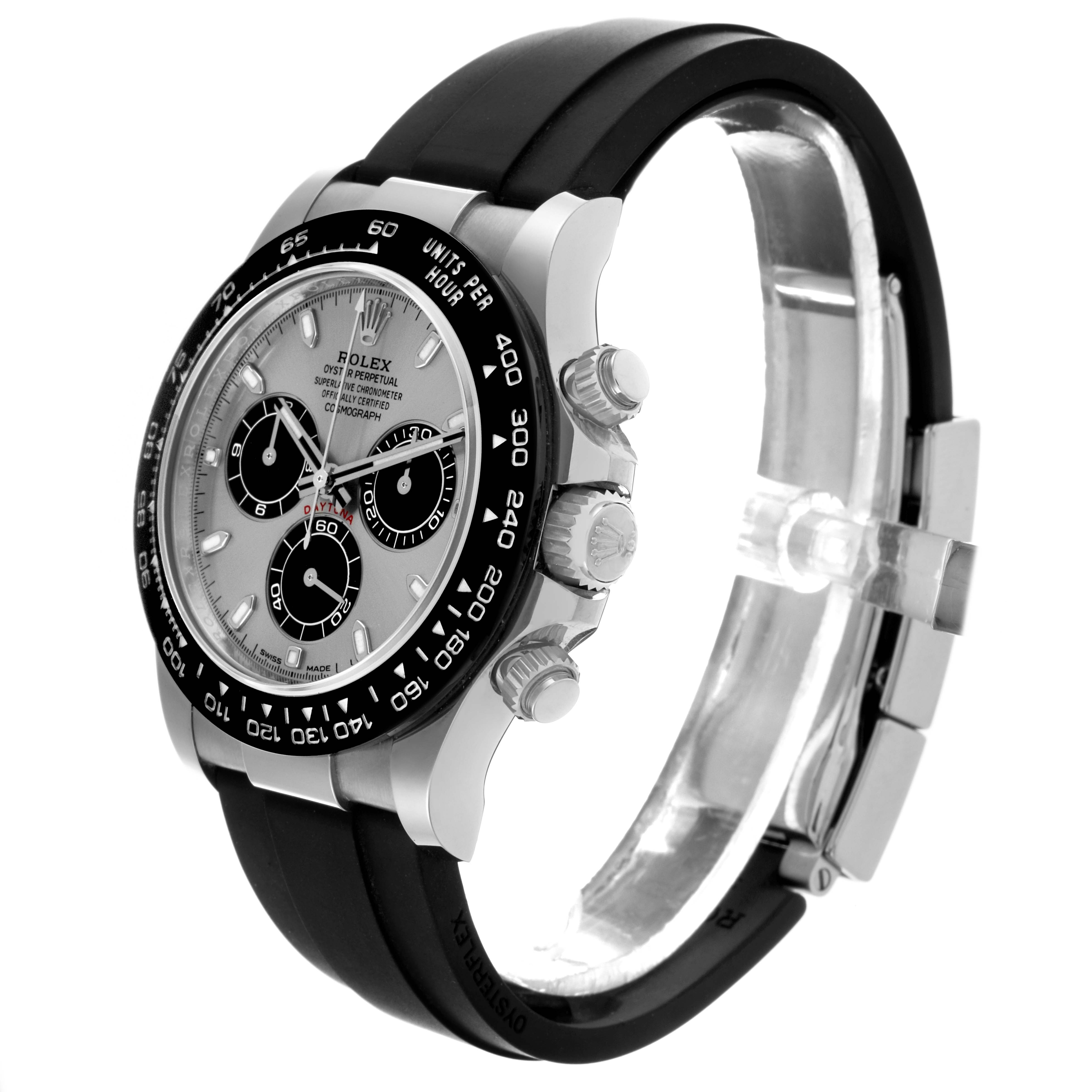 The image shows a Rolex Daytona 116519LN Men's White Gold Silver Dial 116519LN Men's White Gold Silver Dial watch at an angled side view, highlighting the dial, bezel, crown, and band.