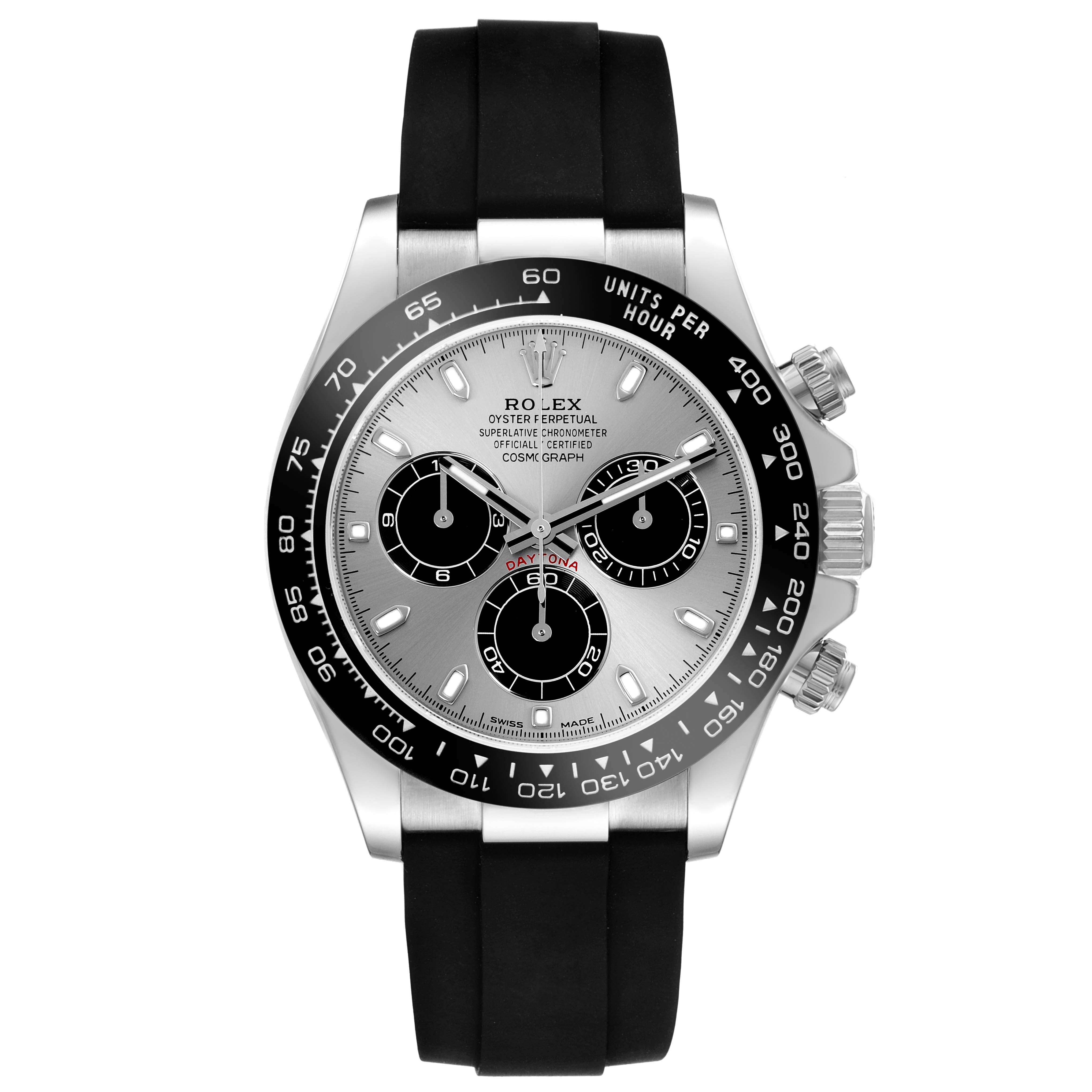 The Rolex Daytona 116519LN Men's White Gold Silver Dial 116519LN Men's White Gold Silver Dial watch is shown from a front angle, featuring a tachymetric bezel, subdials, and a rubber strap.