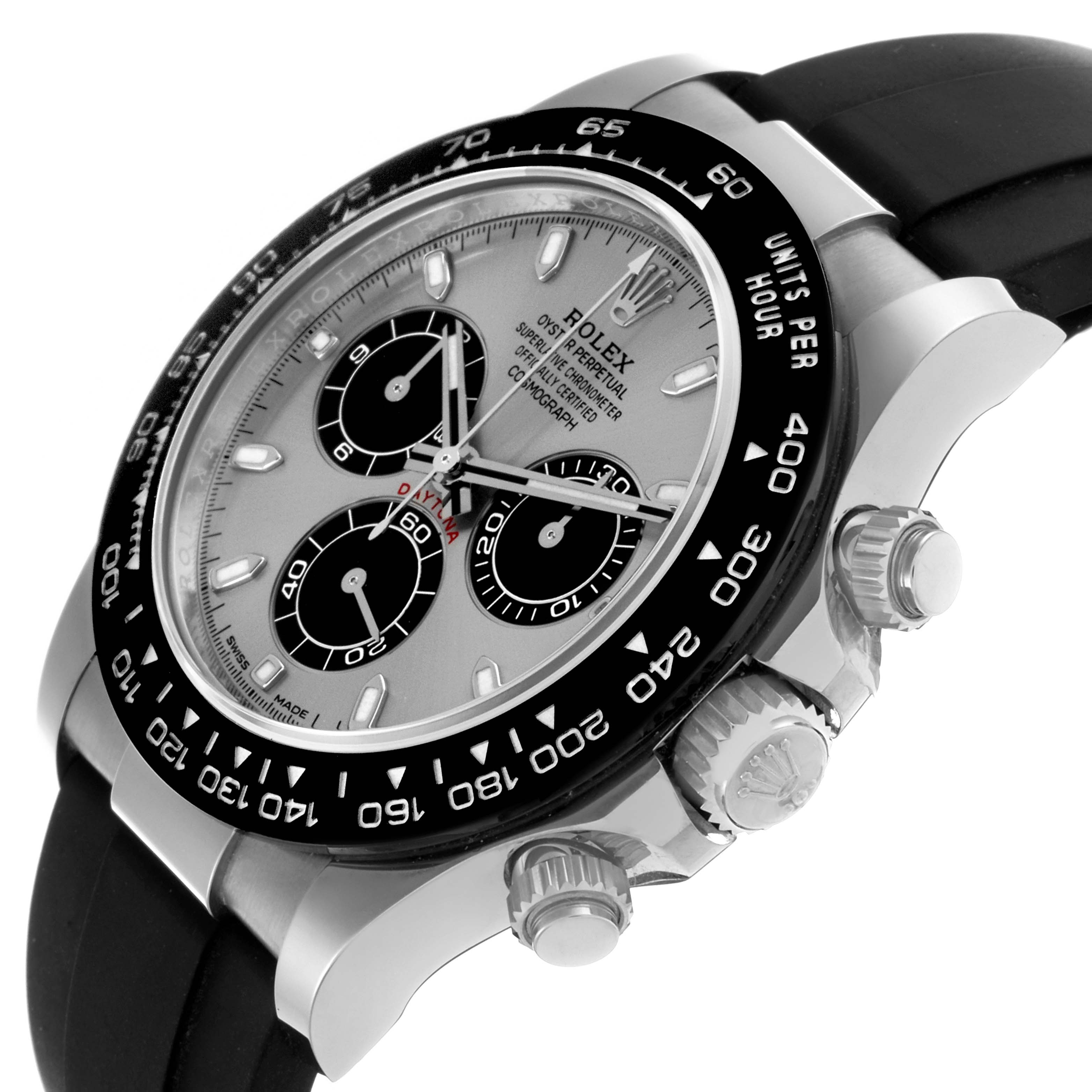 The Rolex Daytona 116519LN Men's White Gold Silver Dial 116519LN Men's White Gold Silver Dial watch is shown at an oblique angle, highlighting the bezel, dial, pushers, and crown.