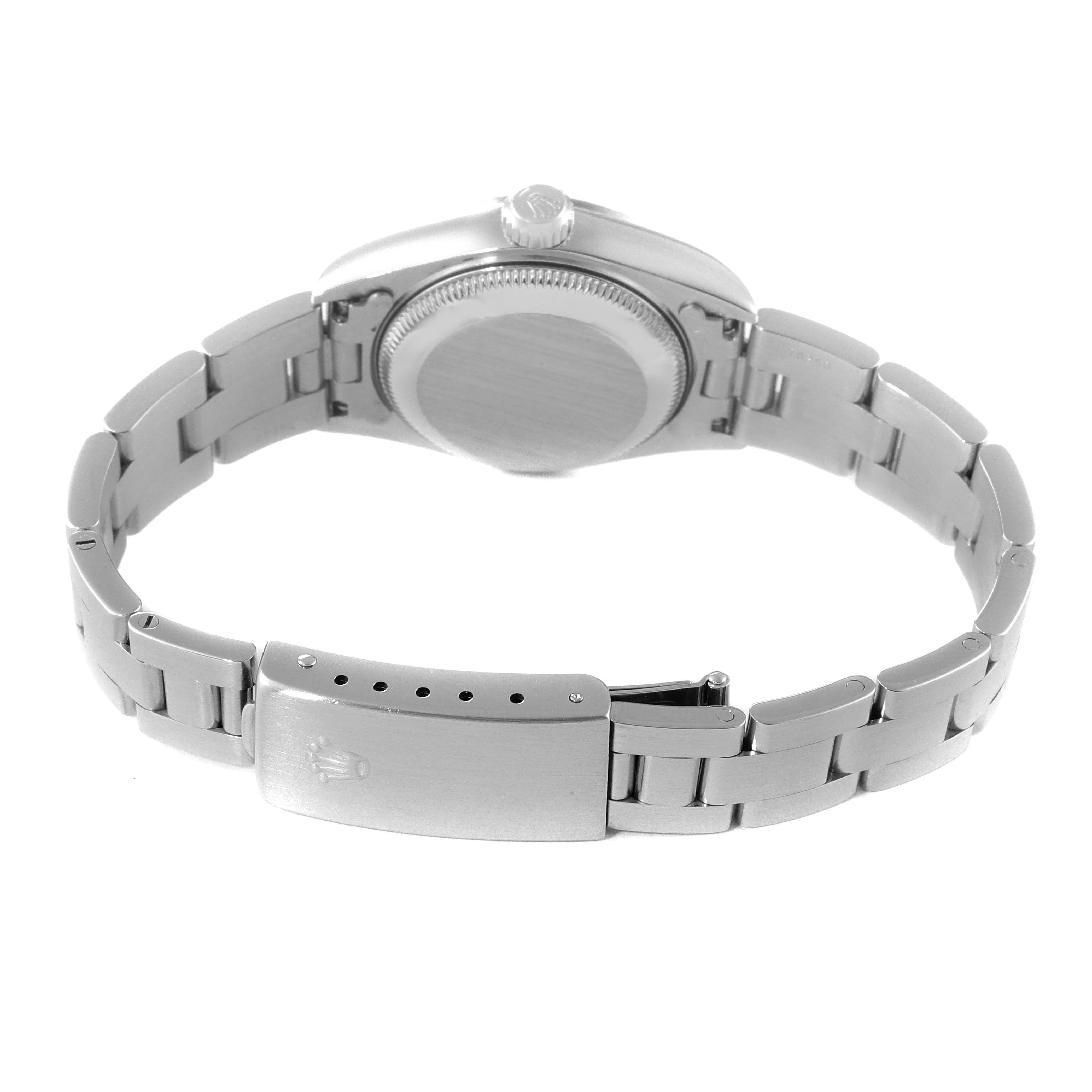 The image shows the back and clasp of a Rolex Date 79190 Women
s Stainless Steel Blue Dial 79190 Women
s Stainless Steel Blue Dial model watch with the bracelet partially open.