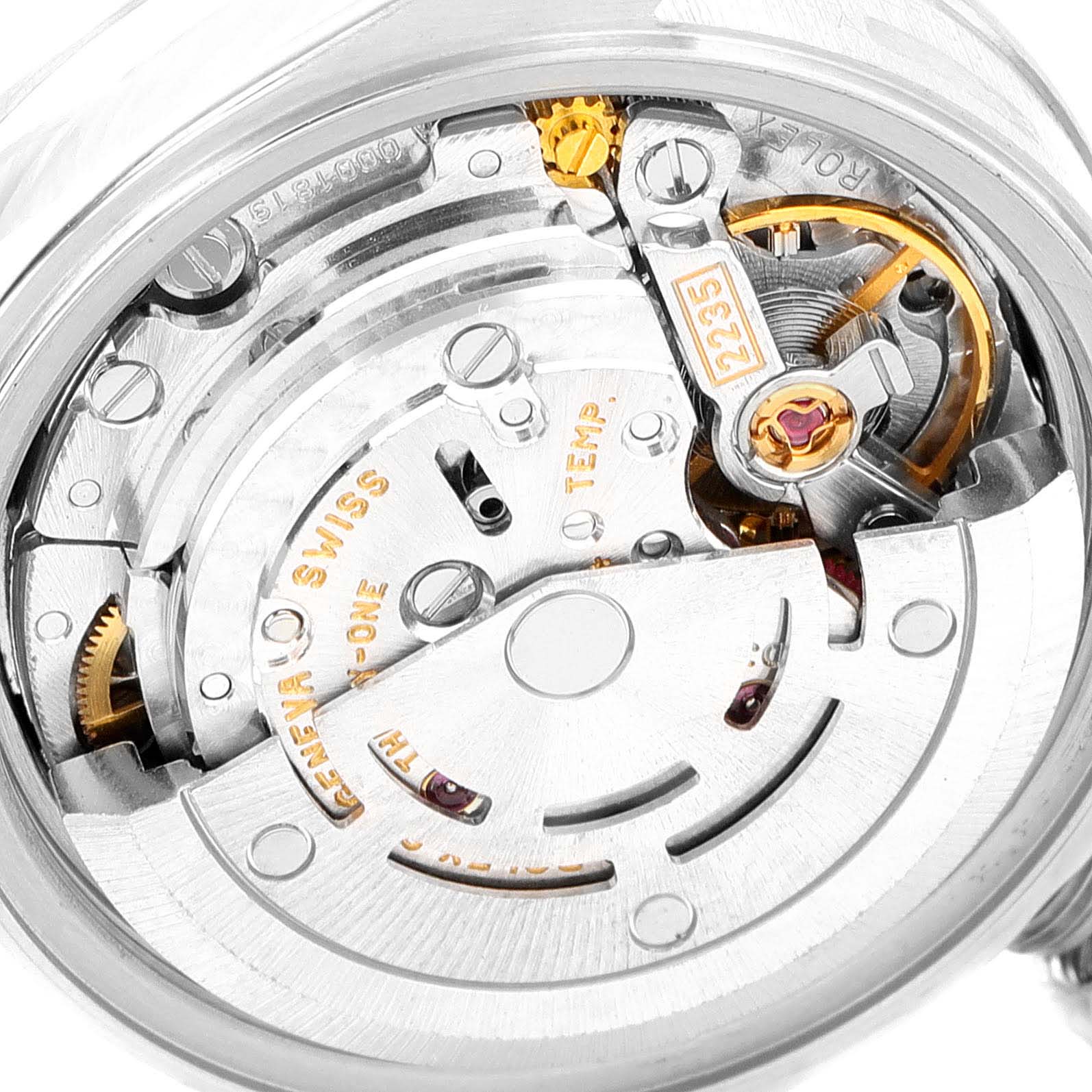 This image shows the internal mechanism and movement of a Rolex Date 79190 Women
s Stainless Steel Blue Dial 79190 Women
s Stainless Steel Blue Dial model watch from a close-up angle.