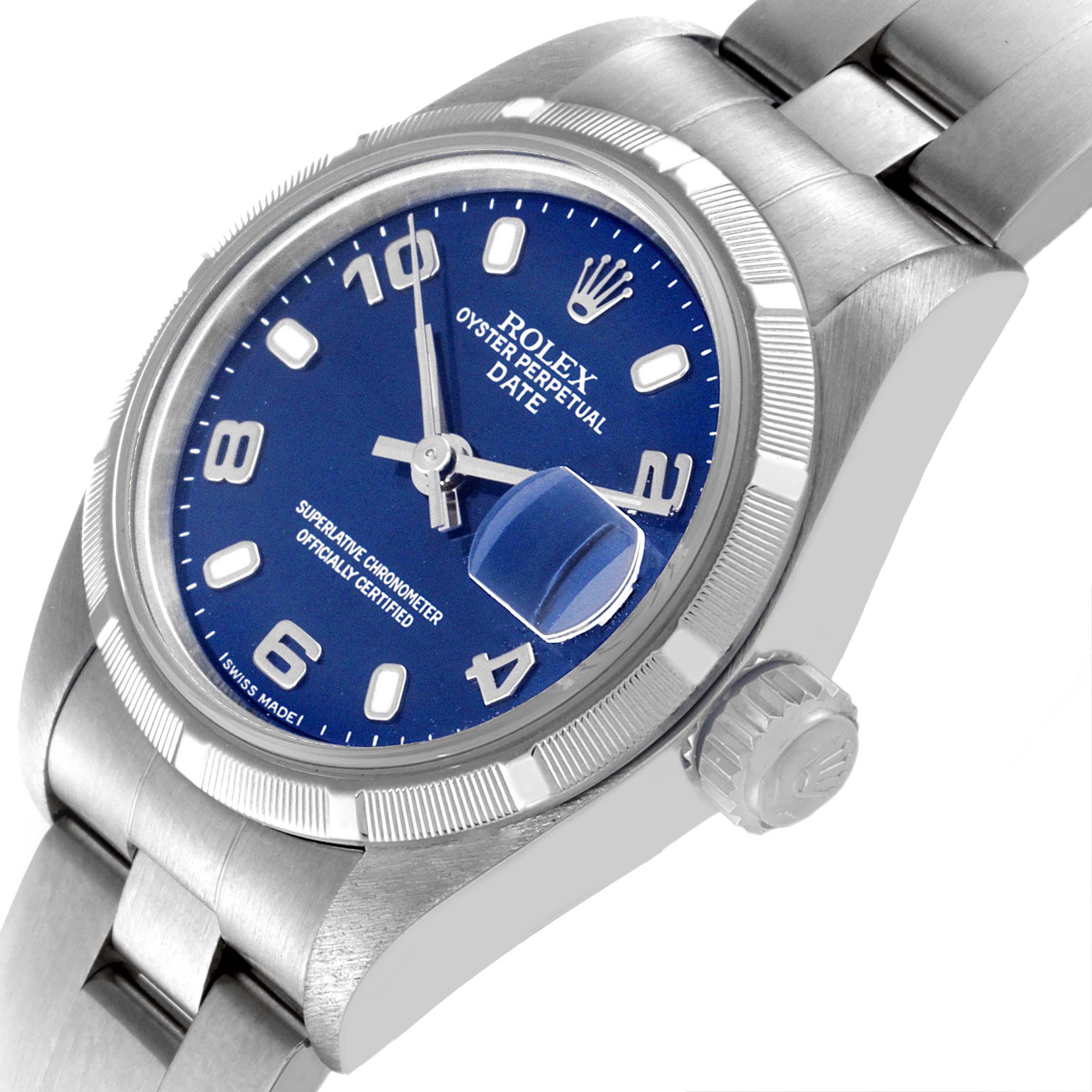 This Rolex Date 79190 Women
s Stainless Steel Blue Dial 79190 Women
s Stainless Steel Blue Dial model watch is shown from an angled side view, displaying the face, bezel, crown, and part of the bracelet.