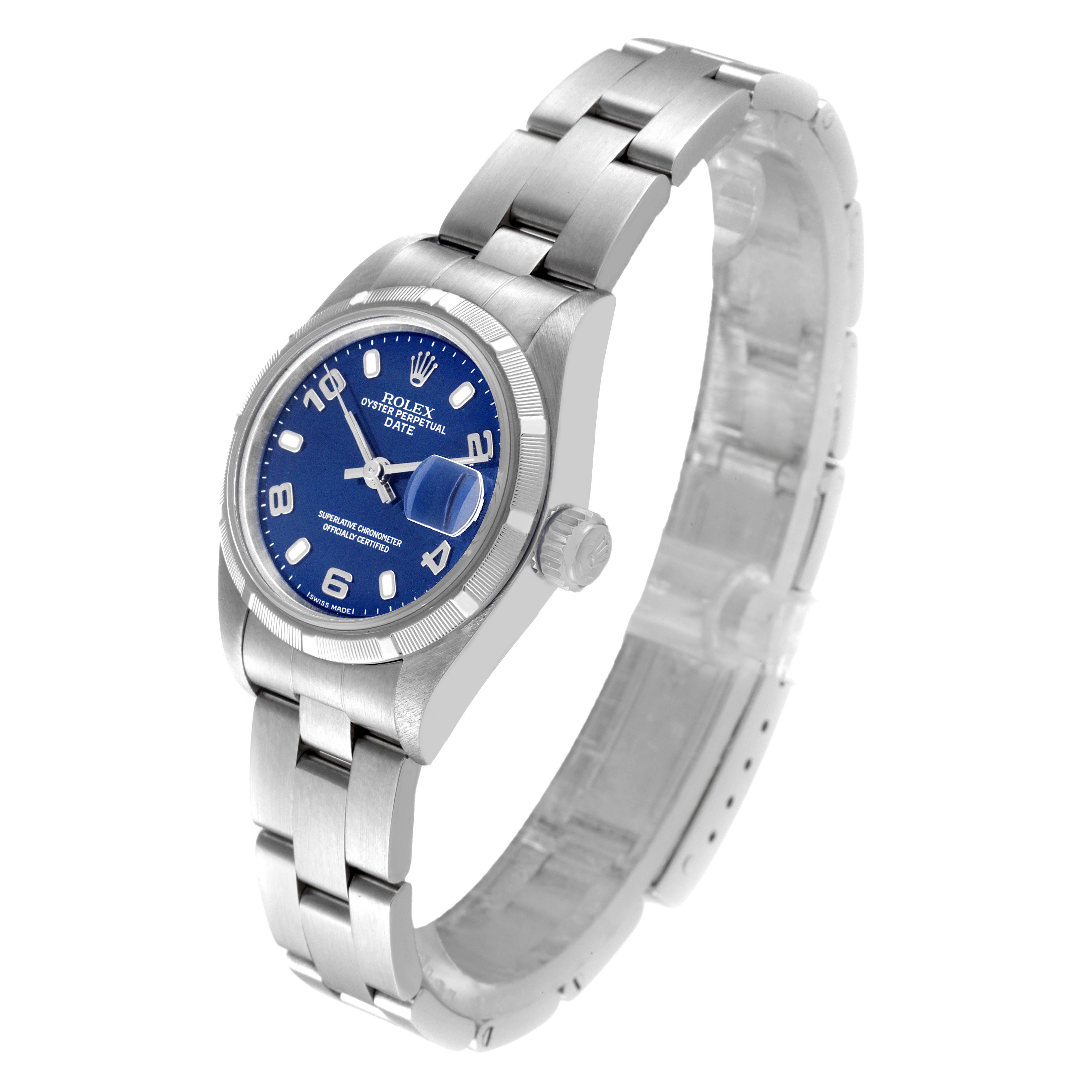 The Rolex Date 79190 Women
s Stainless Steel Blue Dial 79190 Women
s Stainless Steel Blue Dial model watch is shown at a slightly angled view, highlighting the blue dial, bezel, case, and bracelet.