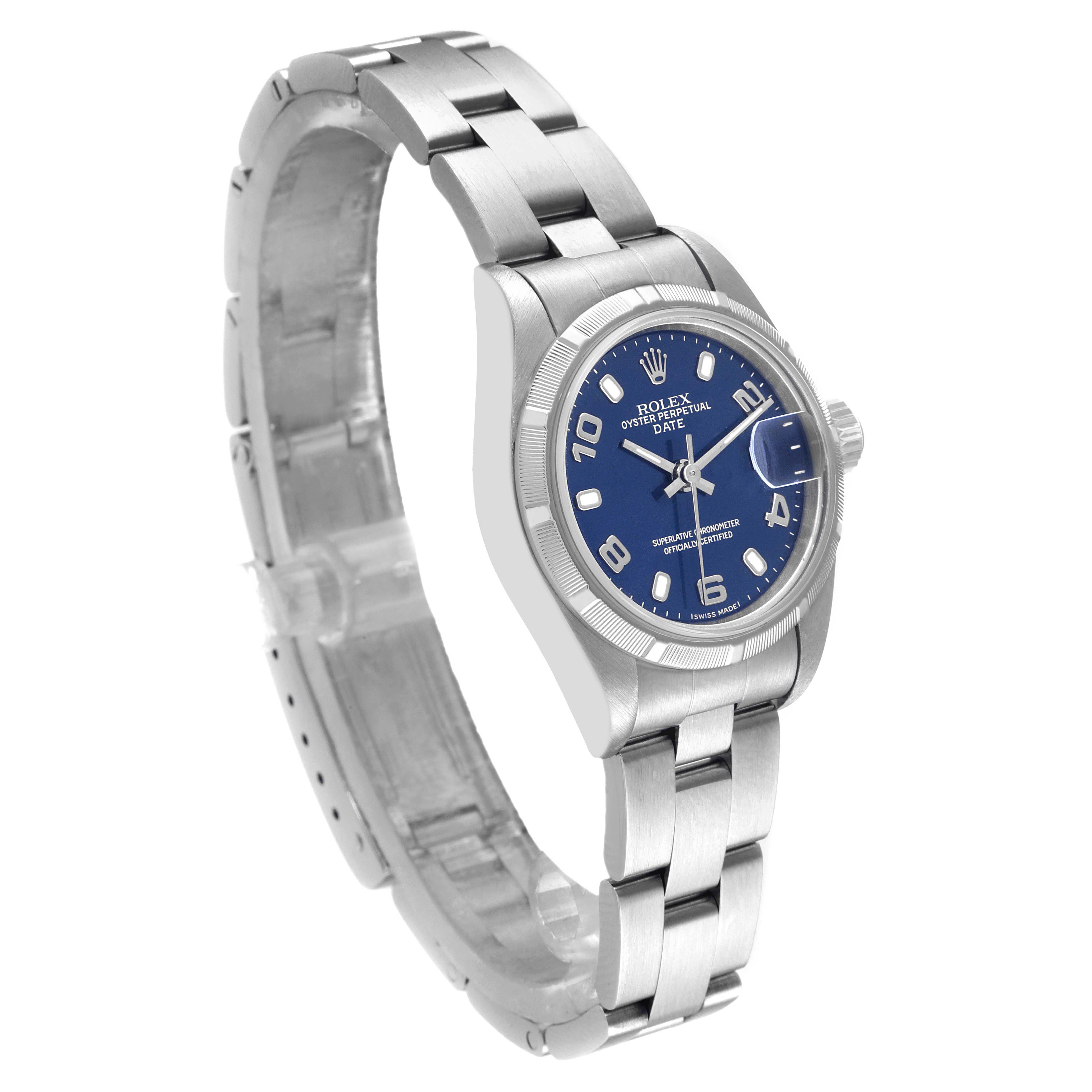 The image shows a side-angle view of the Rolex Date 79190 Women
s Stainless Steel Blue Dial 79190 Women
s Stainless Steel Blue Dial model watch, highlighting the blue dial, stainless steel case, and bracelet.