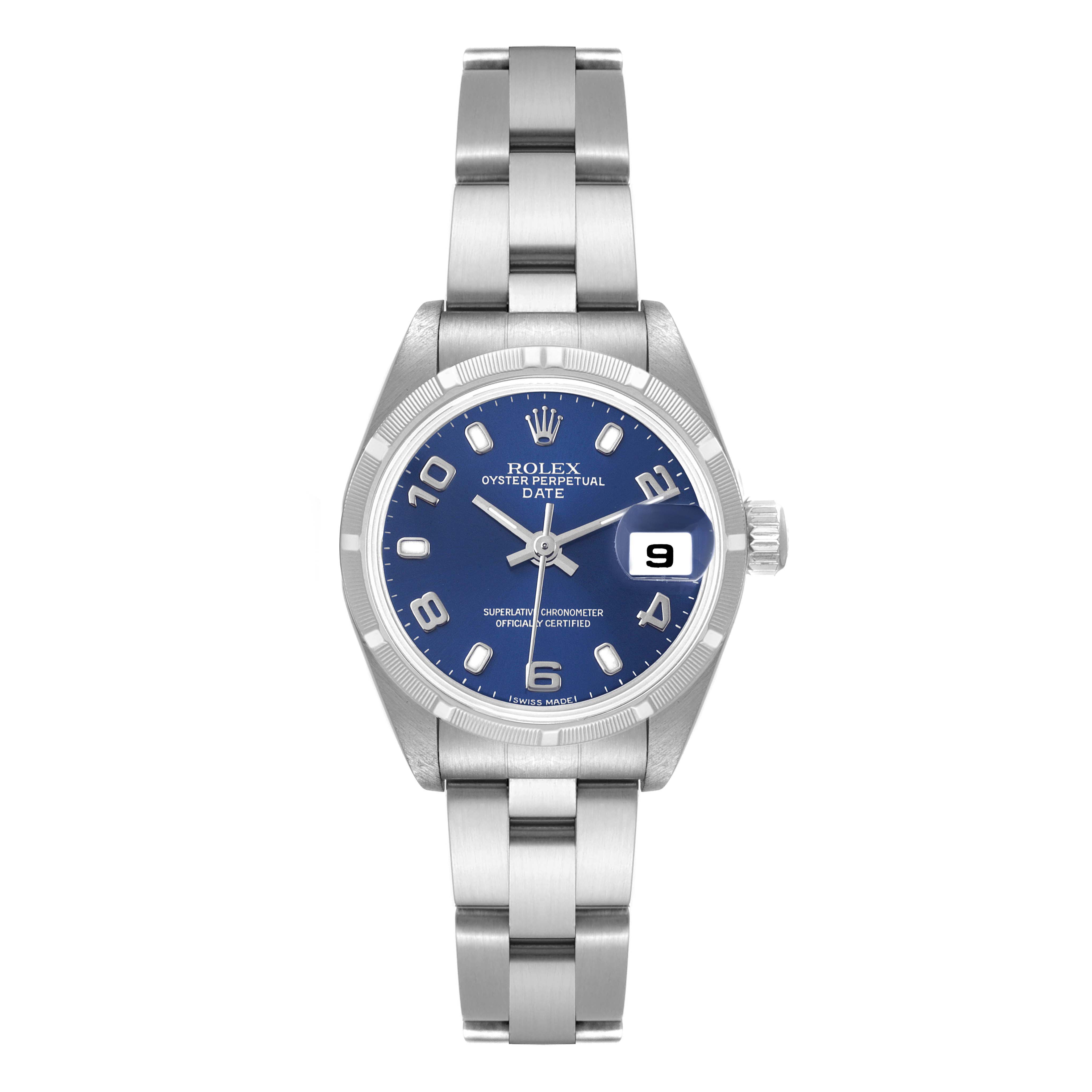 The Rolex Date 79190 Women
s Stainless Steel Blue Dial 79190 Women
s Stainless Steel Blue Dial model is shown from the front, highlighting the watch face, bezel, and bracelet.