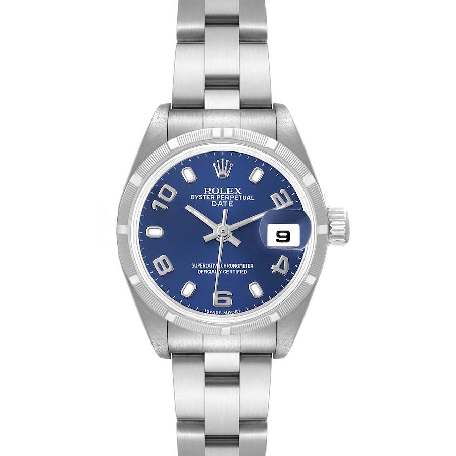 The image shows a front view of a Rolex Oyster Perpetual Date watch, highlighting the blue dial, date window, bezel, and metal bracelet.