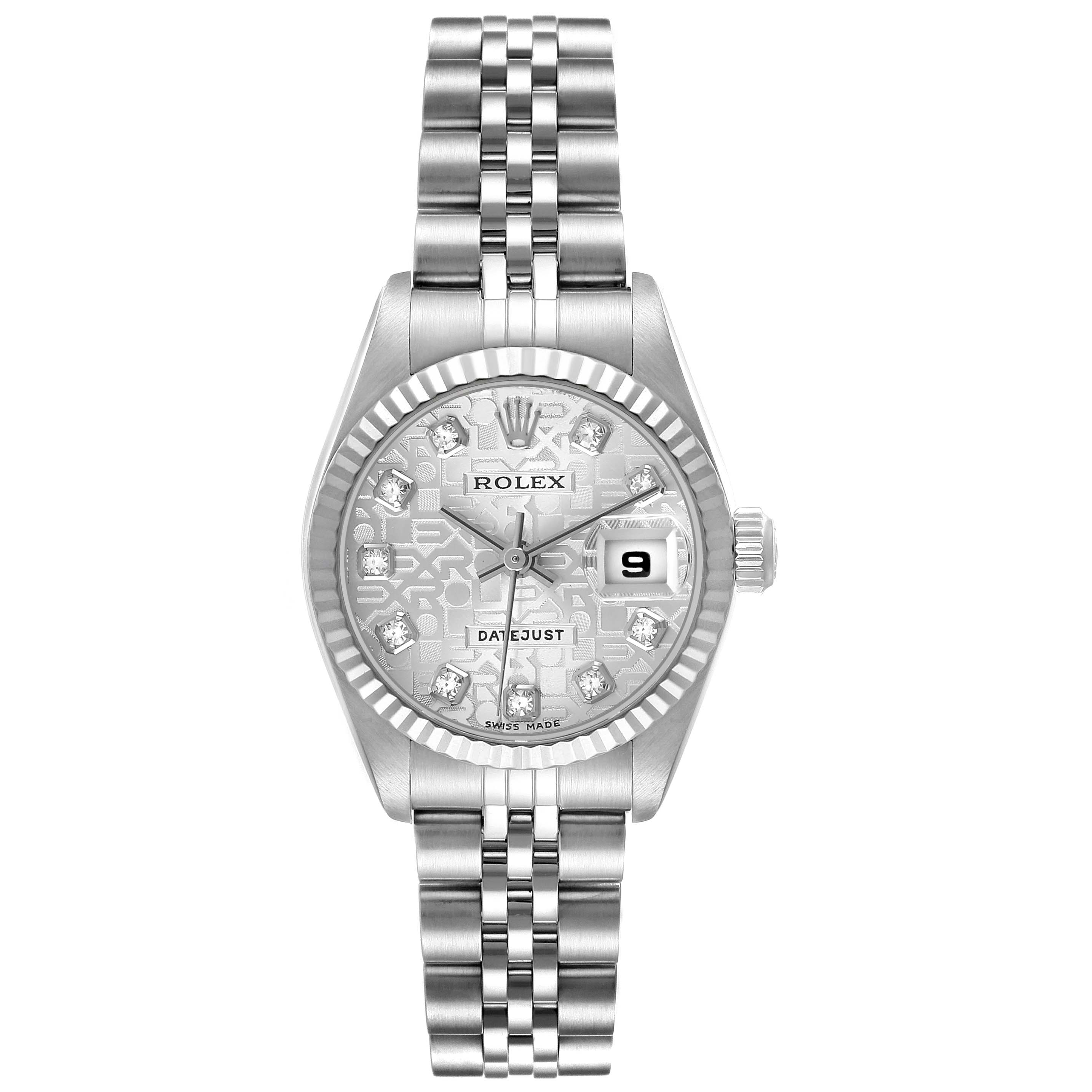 The Rolex Datejust 79174 Women's Stainless Steel Silver Dial watch is shown from a front angle, highlighting its dial, bezel, and bracelet.