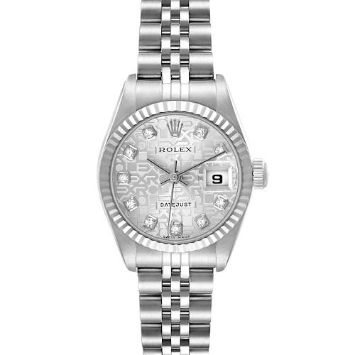 The Rolex Datejust 79174 Women's Stainless Steel Silver Dial watch is shown from the front, displaying the dial, bezel, crown, and part of the bracelet.