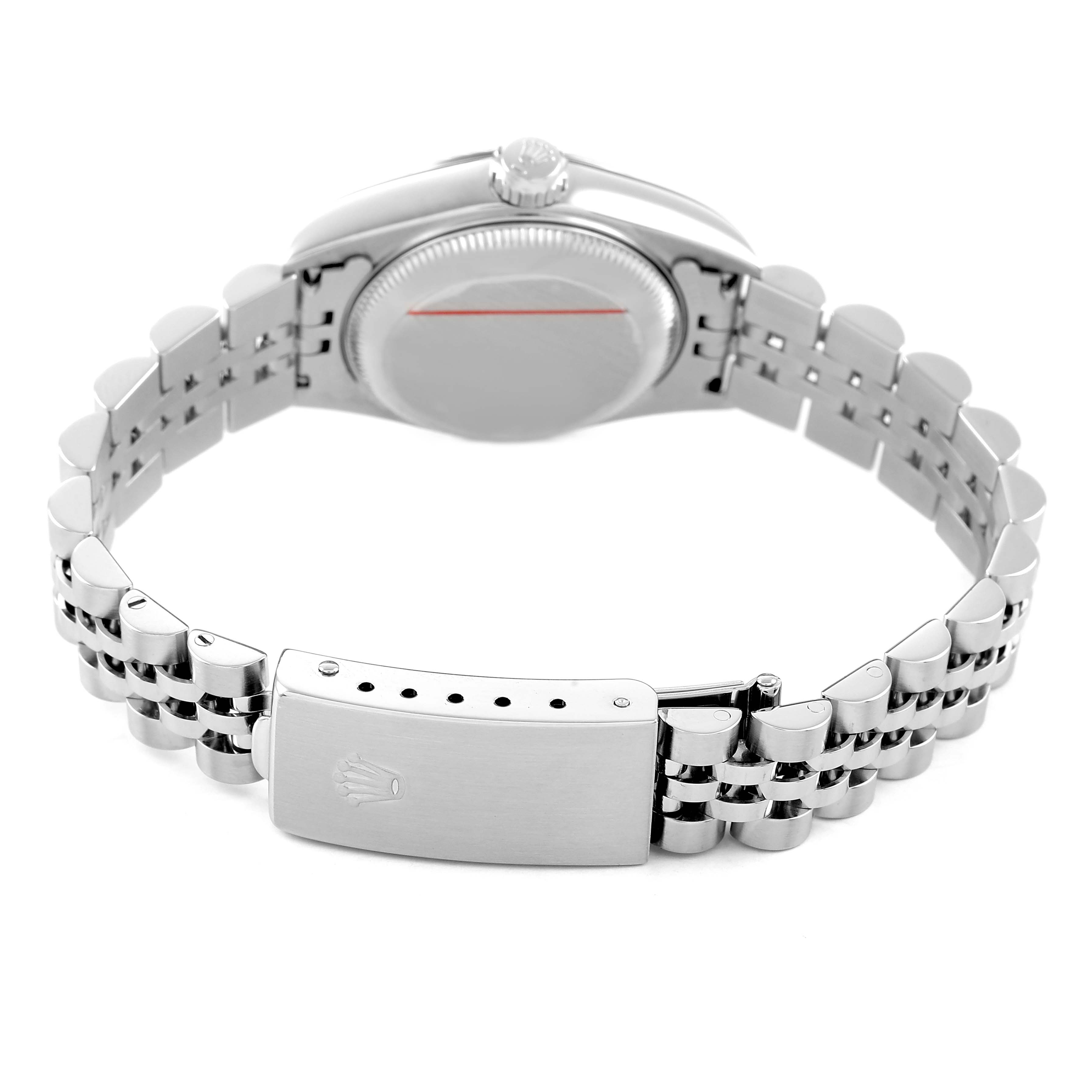 The Rolex Datejust 79174 Women's Stainless Steel Silver Dial watch is shown from the back, displaying the case back, bracelet, and clasp.