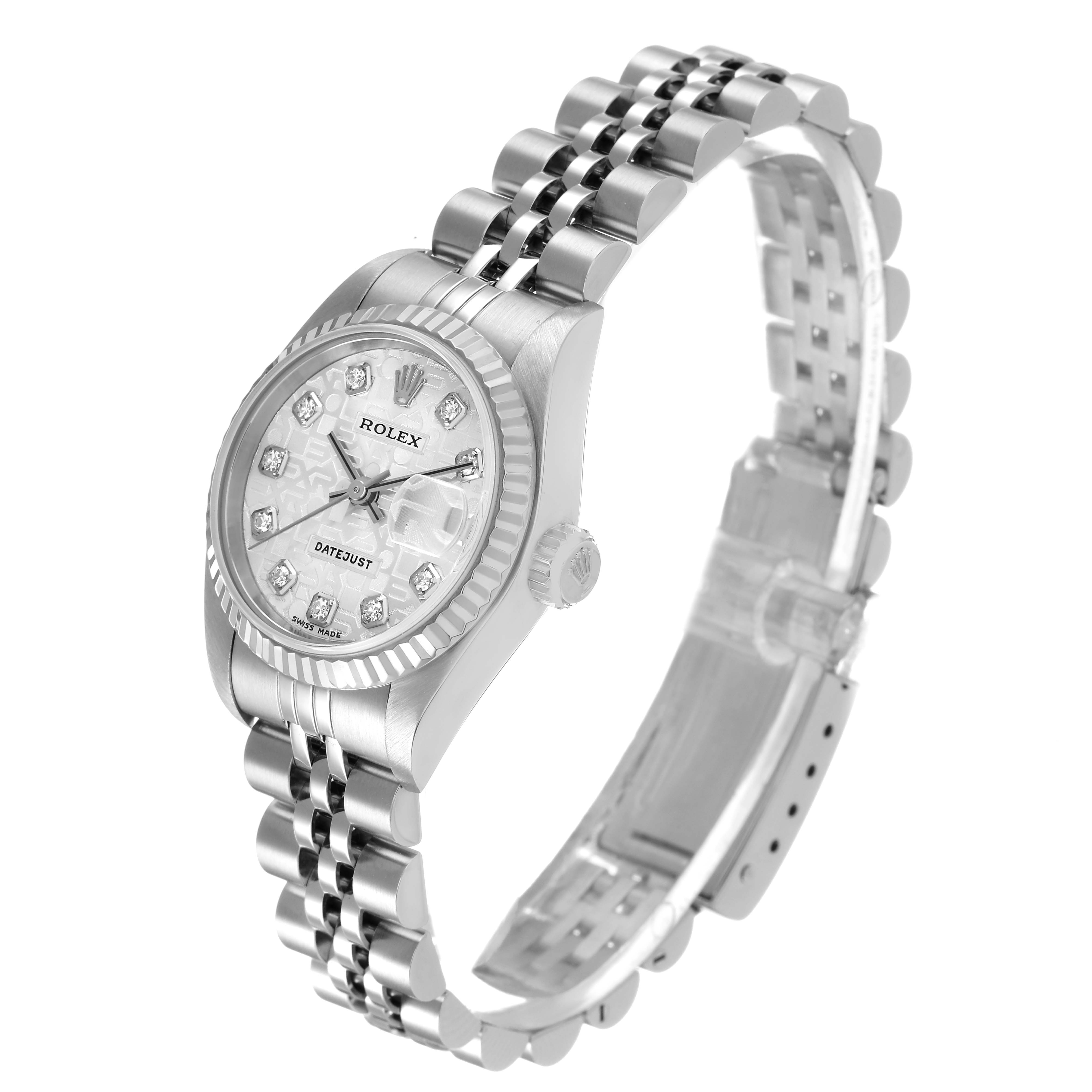 The Rolex Datejust 79174 Women's Stainless Steel Silver Dial watch is shown at a three-quarter angle displaying the face, bezel, crown, and bracelet.