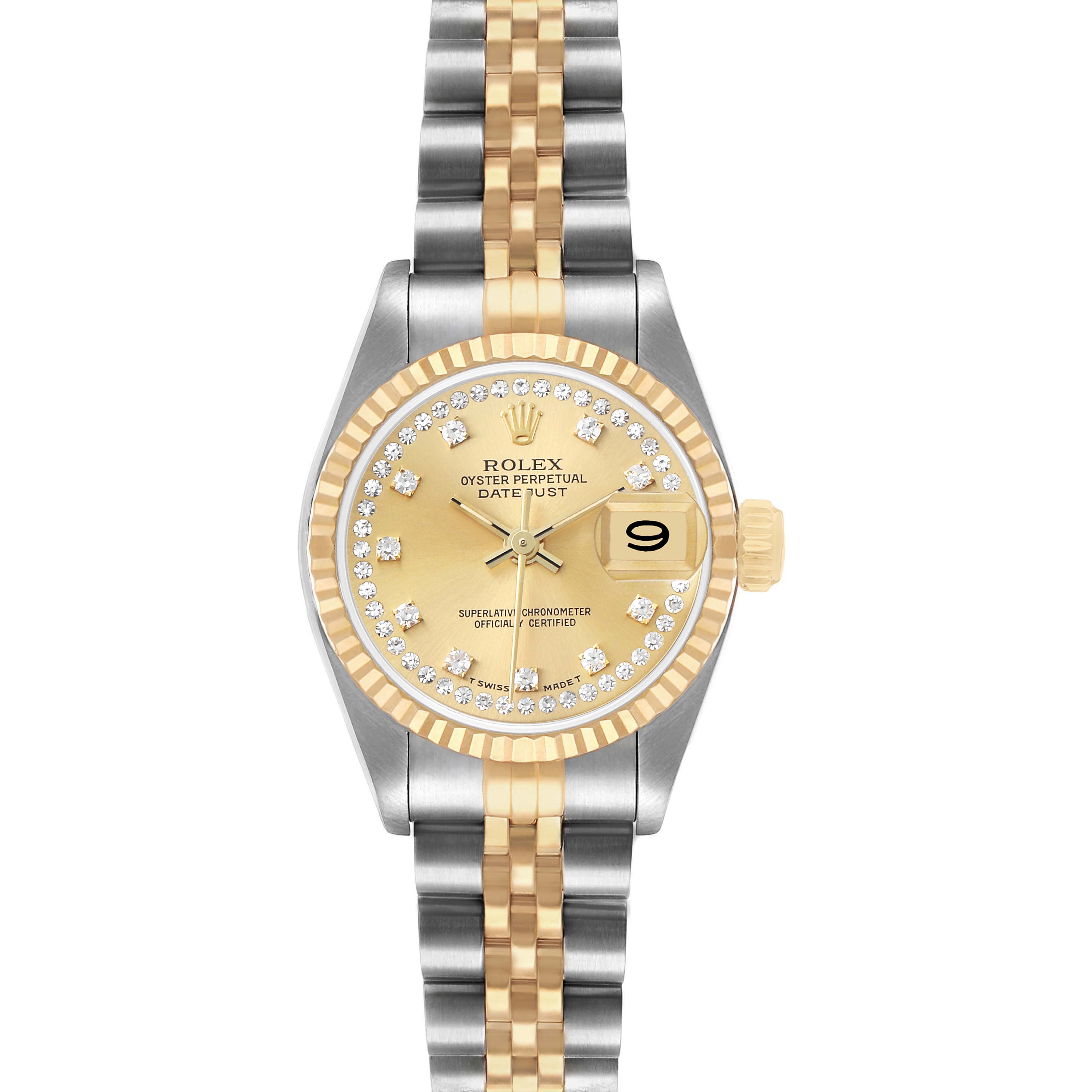 The Rolex Datejust 69173 Women's Steel and Gold (two tone) Champagne Dial watch is shown in a frontal view, featuring its dial, bezel, crown, and two-tone bracelet.