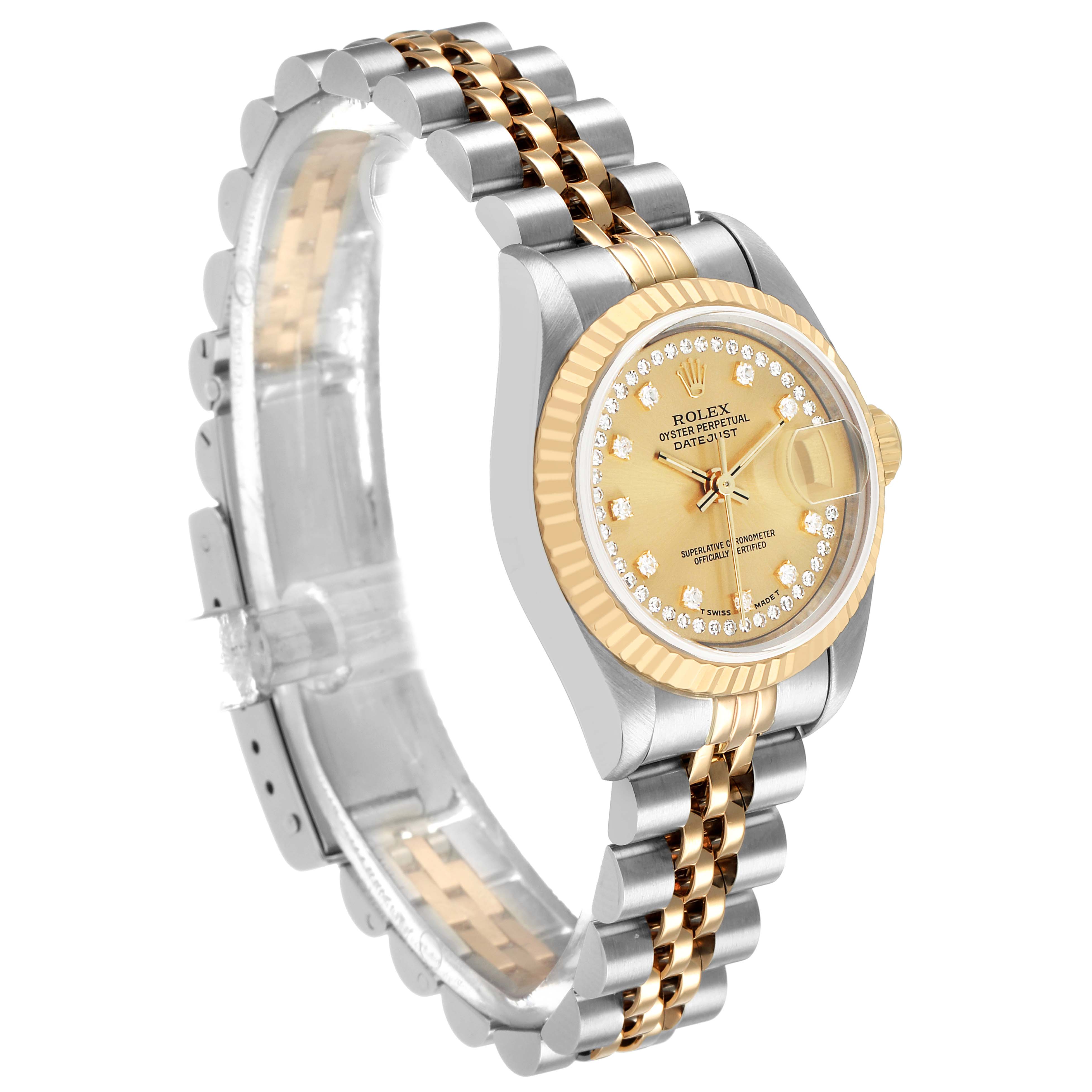 The Rolex Datejust 69173 Women's Steel and Gold (two tone) Champagne Dial watch is shown at a side angle, revealing its two-tone bracelet and gold dial with diamond hour markers.