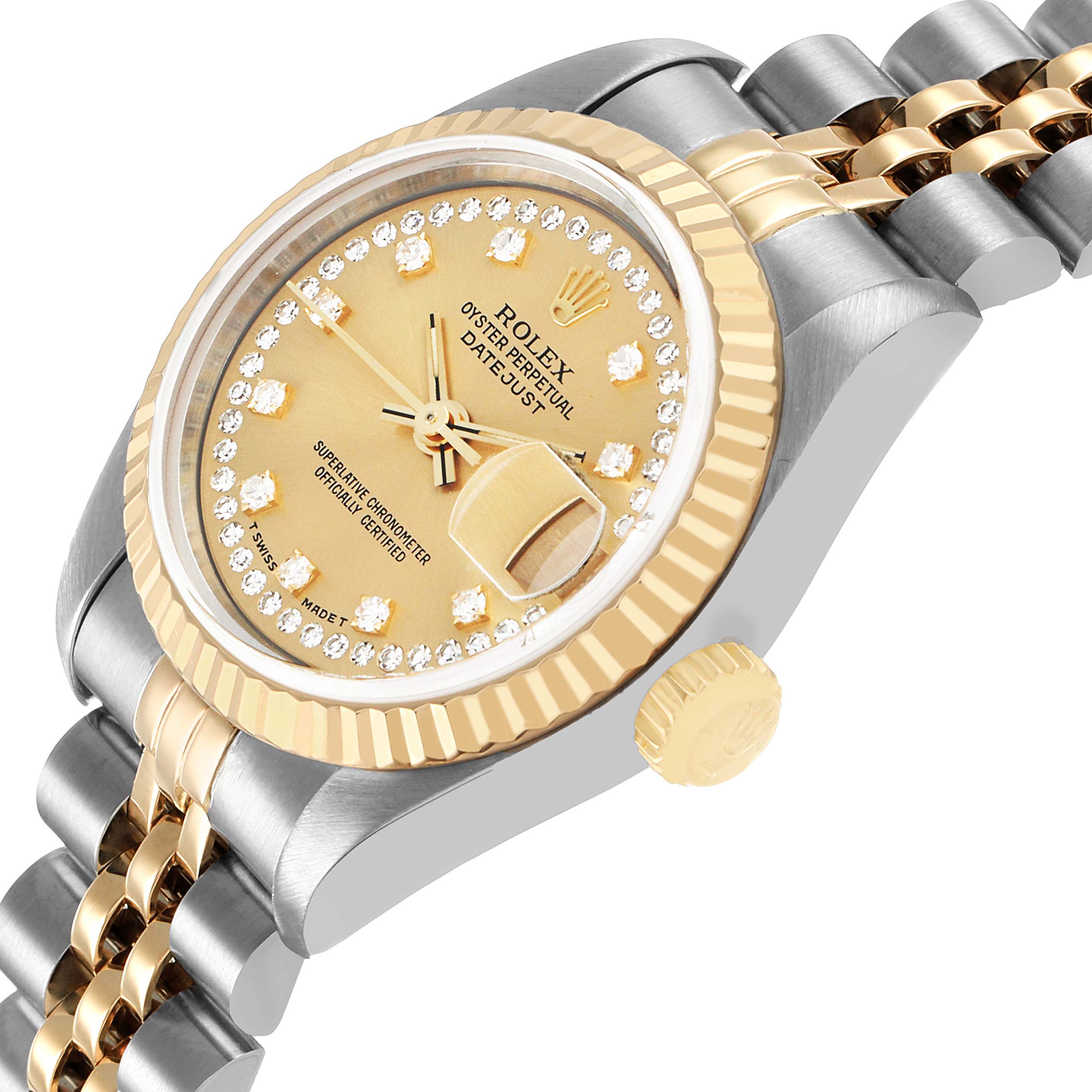 The Rolex Datejust 69173 Women's Steel and Gold (two tone) Champagne Dial is shown at a side angle, highlighting the bezel, dial, crown, and part of the bracelet.