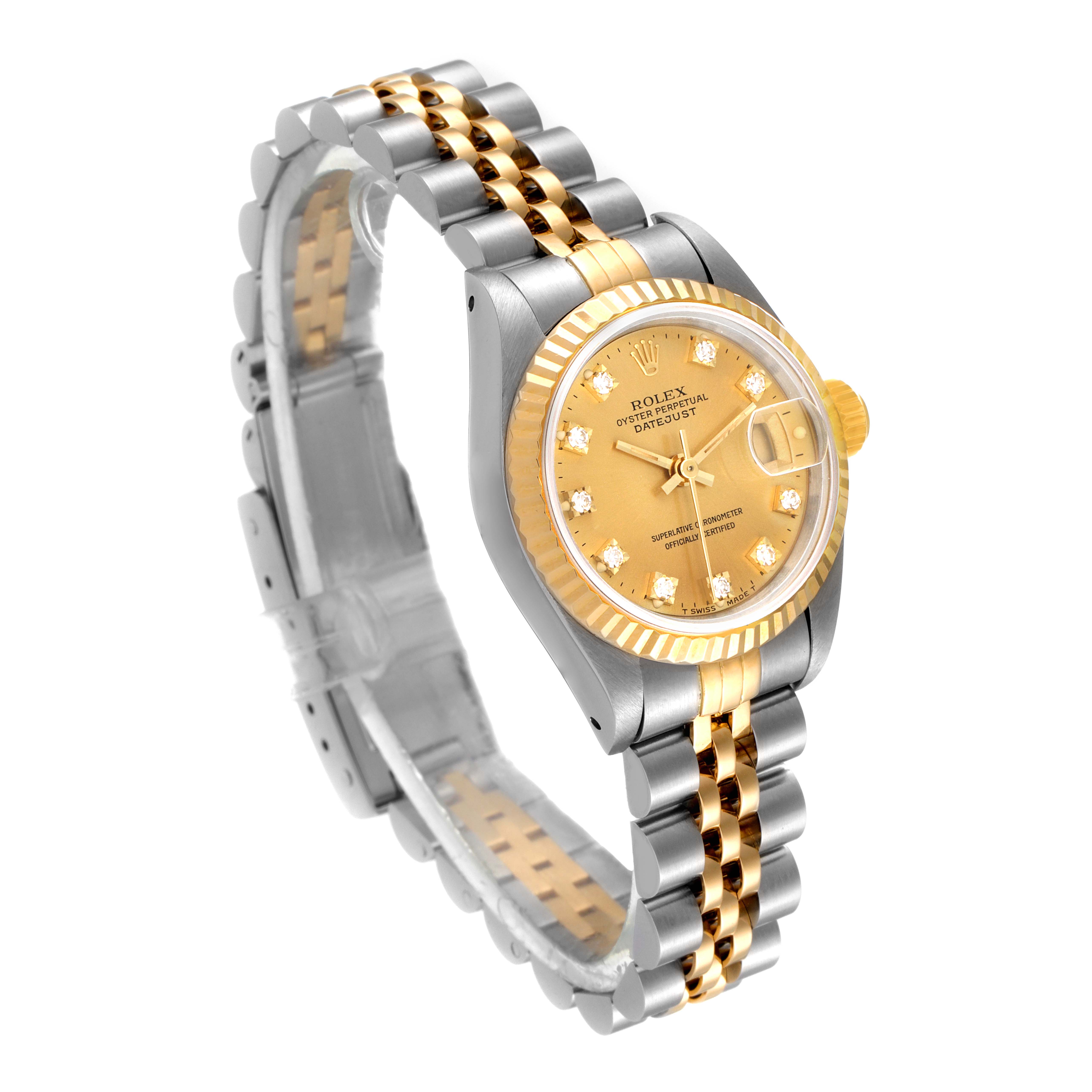 The image shows a Rolex Datejust 69173 Women
s Steel and Gold (two tone) Champagne Dial 69173 Women
s Steel and Gold (two tone) Champagne Dial watch at a side angle, highlighting its gold and silver jubilee bracelet and champagne dial.