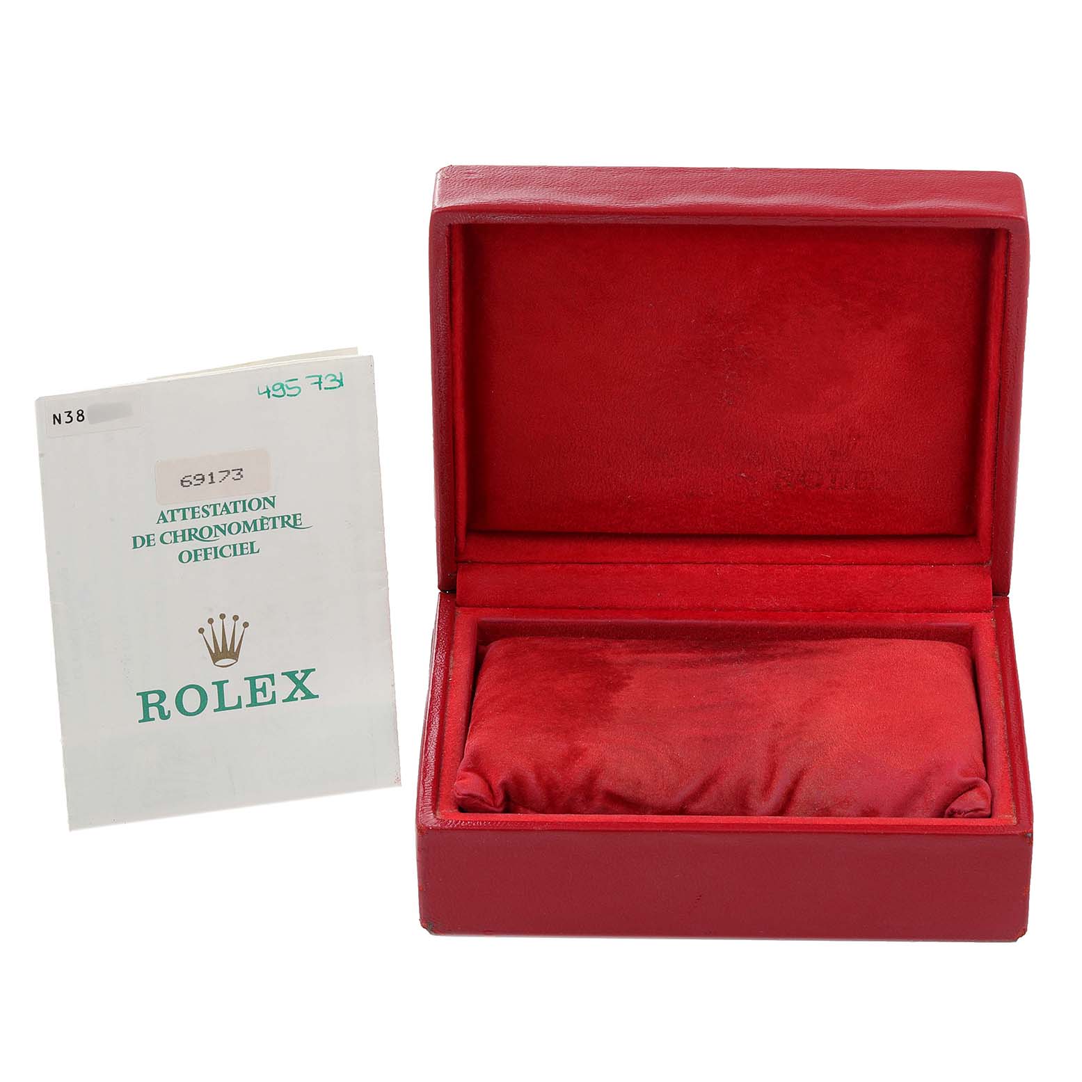 This image shows an empty red Rolex Datejust 69173 Women
s Steel and Gold (two tone) Champagne Dial 69173 Women
s Steel and Gold (two tone) Champagne Dial watch box and its official attestation booklet.