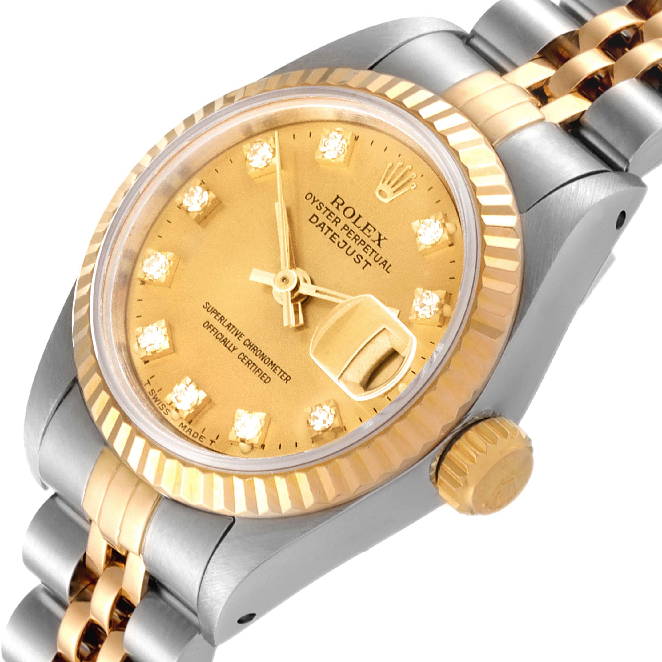 This image shows a close-up, angled view of the Rolex Datejust 69173 Women
s Steel and Gold (two tone) Champagne Dial 69173 Women
s Steel and Gold (two tone) Champagne Dial watch face, crown, and part of the bracelet.