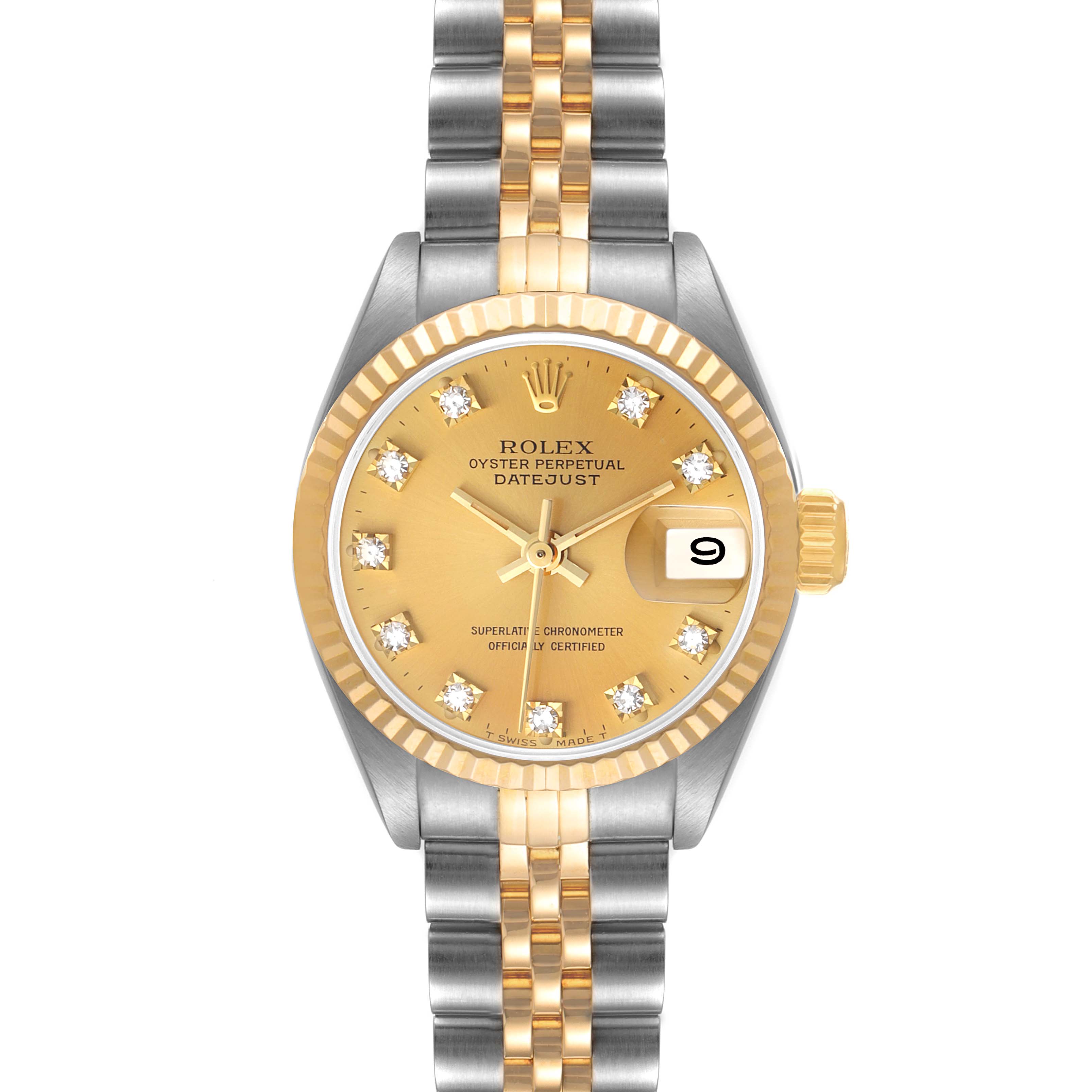 The image shows a frontal view of a Rolex Datejust 69173 Women
s Steel and Gold (two tone) Champagne Dial 69173 Women
s Steel and Gold (two tone) Champagne Dial watch with a two-tone bracelet and gold dial featuring diamond hour markers.
