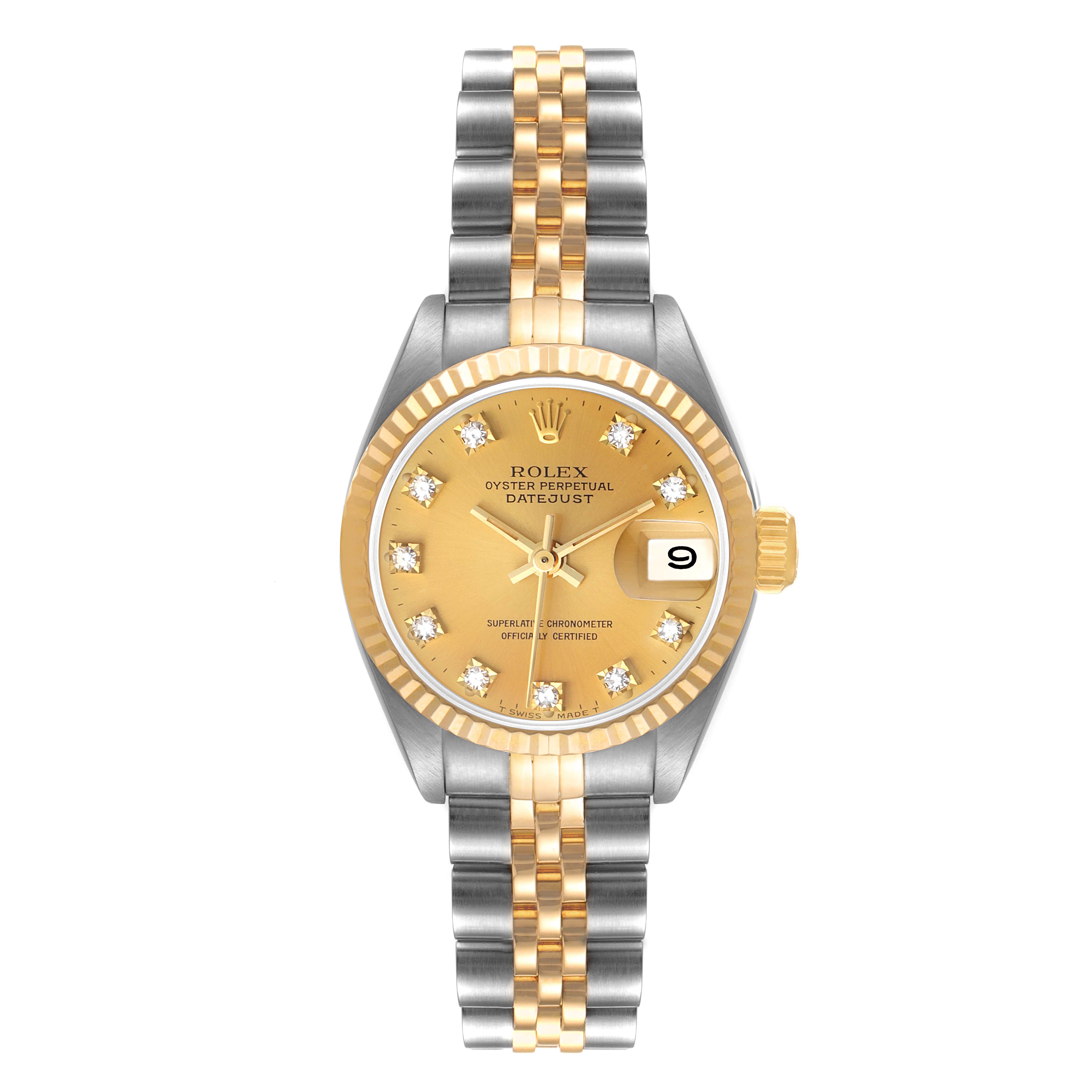 This image shows a front view of a Rolex Datejust 69173 Women
s Steel and Gold (two tone) Champagne Dial 69173 Women
s Steel and Gold (two tone) Champagne Dial watch, highlighting its two-tone bracelet, gold bezel, and date display.