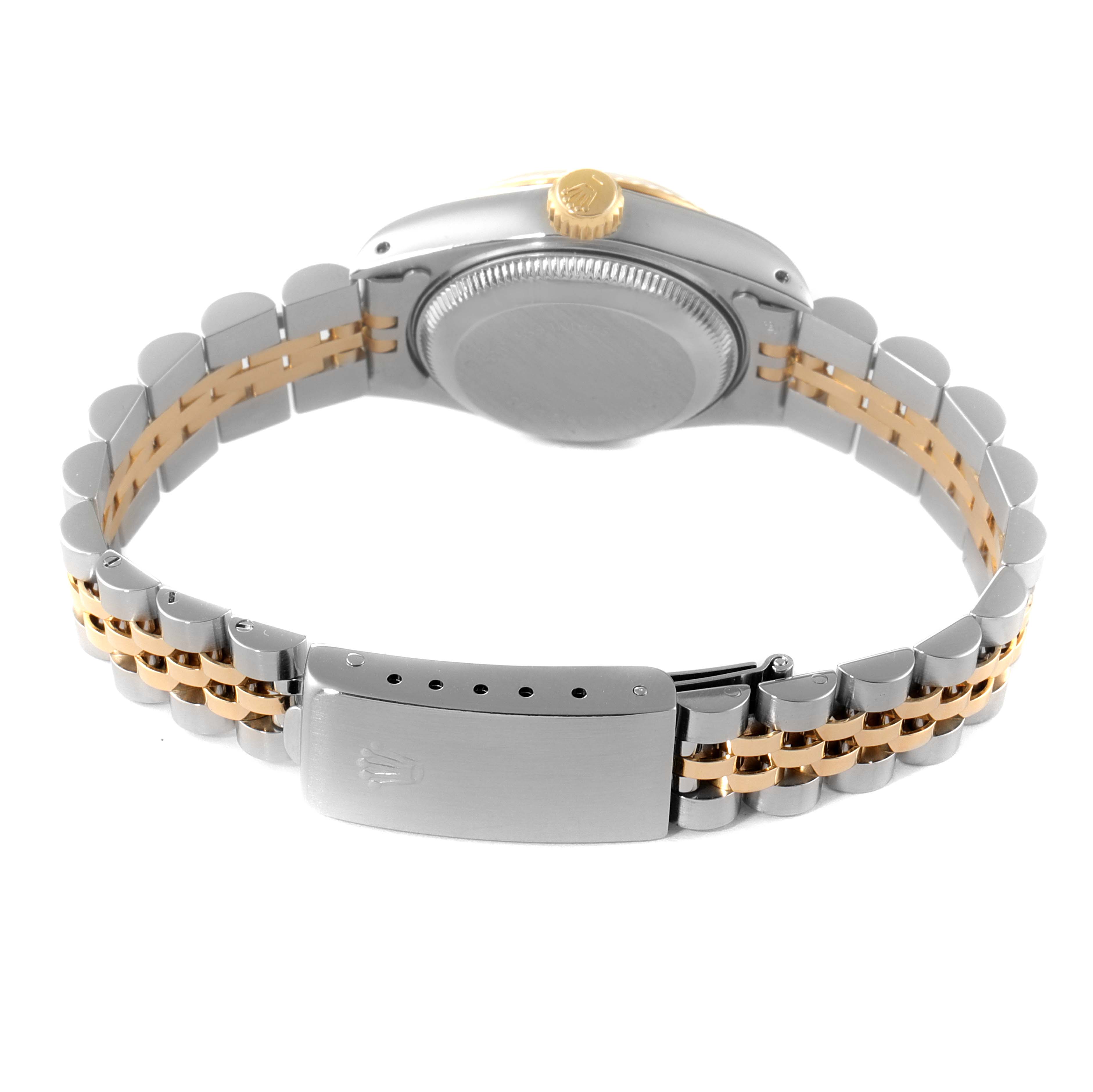 The Rolex Datejust 69173 Women
s Steel and Gold (two tone) Champagne Dial 69173 Women
s Steel and Gold (two tone) Champagne Dial watch is shown from the back, highlighting the case back, crown, and two-tone bracelet.