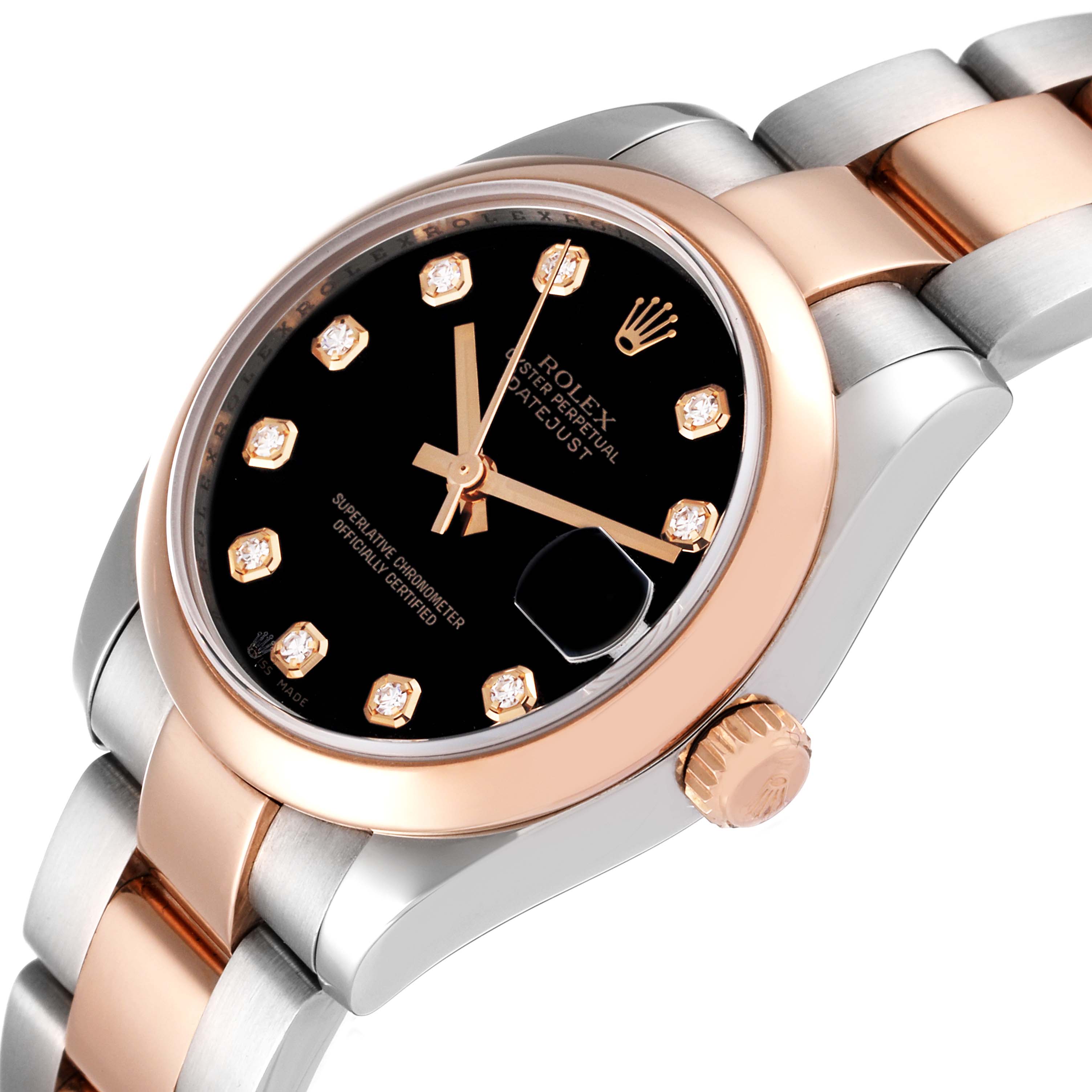 The image shows a Rolex Datejust Mid-Size watch from a slight top-side angle, highlighting the bracelet, dial, crown, and bezel.