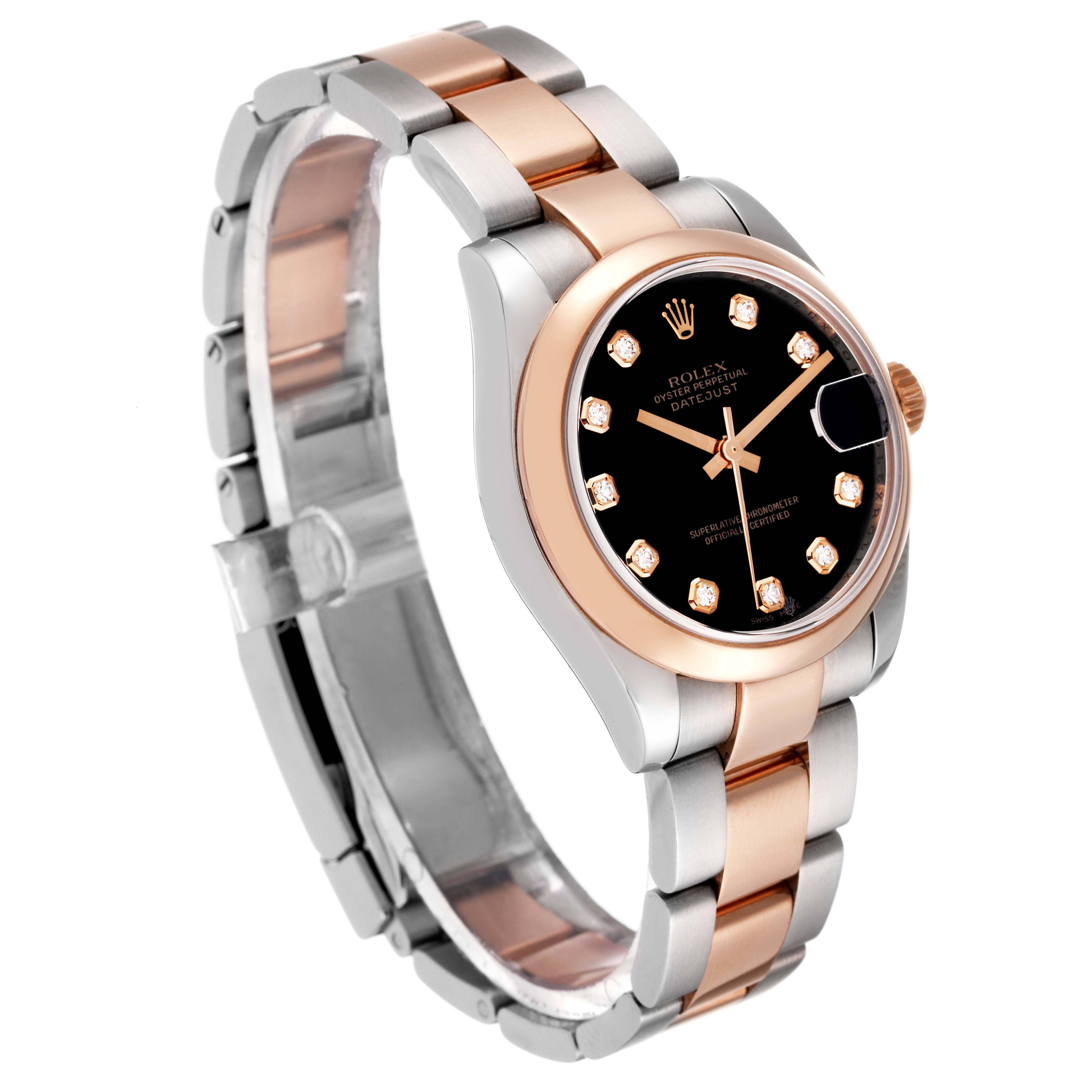 The image shows a Rolex Datejust Mid-Size watch at an angle highlighting the face and the two-tone bracelet.