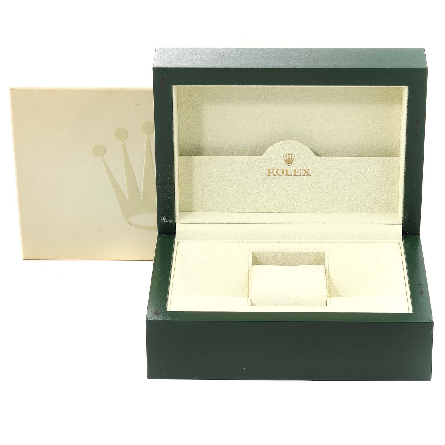 The image shows the inner and outer box packaging of a Rolex Mid-Size 178241 Women
s Steel and Gold (two tone) Black Dial 178241 Women
s Steel and Gold (two tone) Black Dial watch, with the open green box displaying a plush interior.