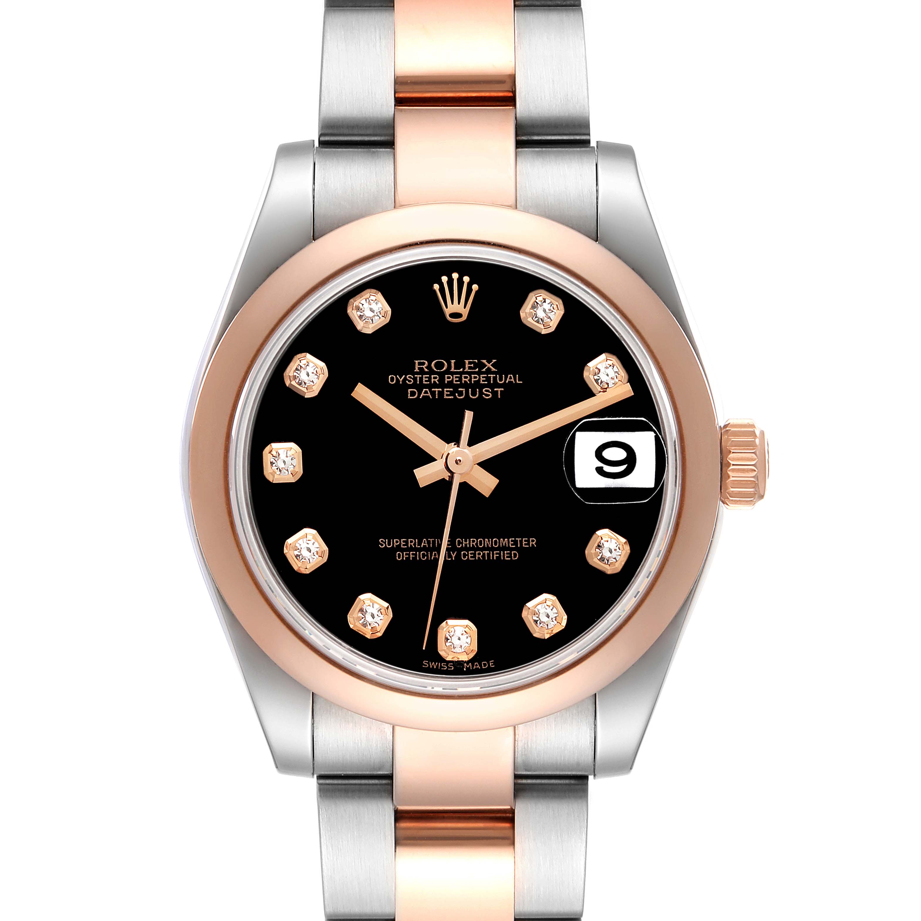 This is a frontal view of a Rolex Datejust mid-size watch, showing the dial, date window, and part of the bracelet.