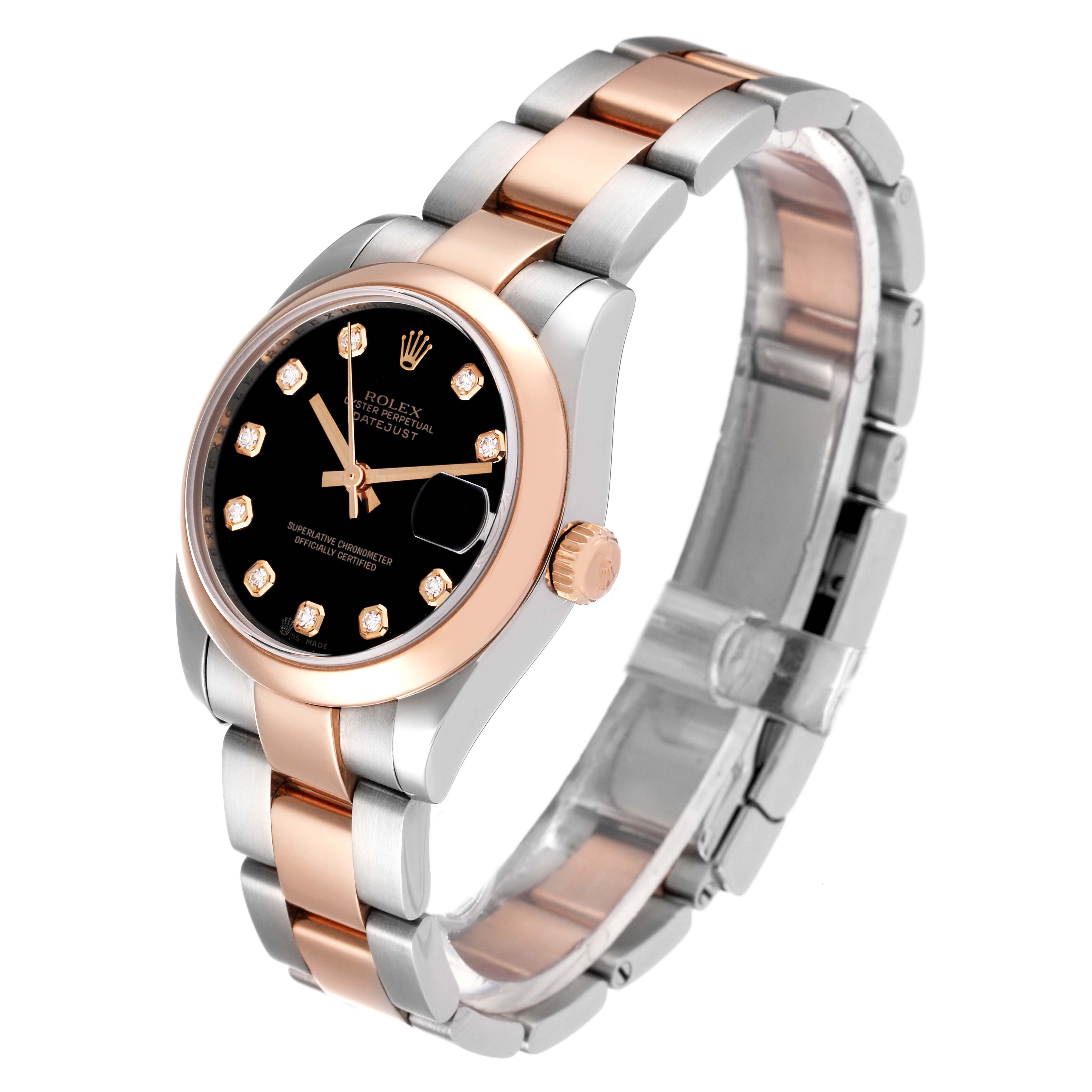 The Rolex Mid-Size 178241 Women
s Steel and Gold (two tone) Black Dial 178241 Women
s Steel and Gold (two tone) Black Dial watch is shown at an angled side view displaying its black dial, two-tone bracelet, and rose gold bezel.