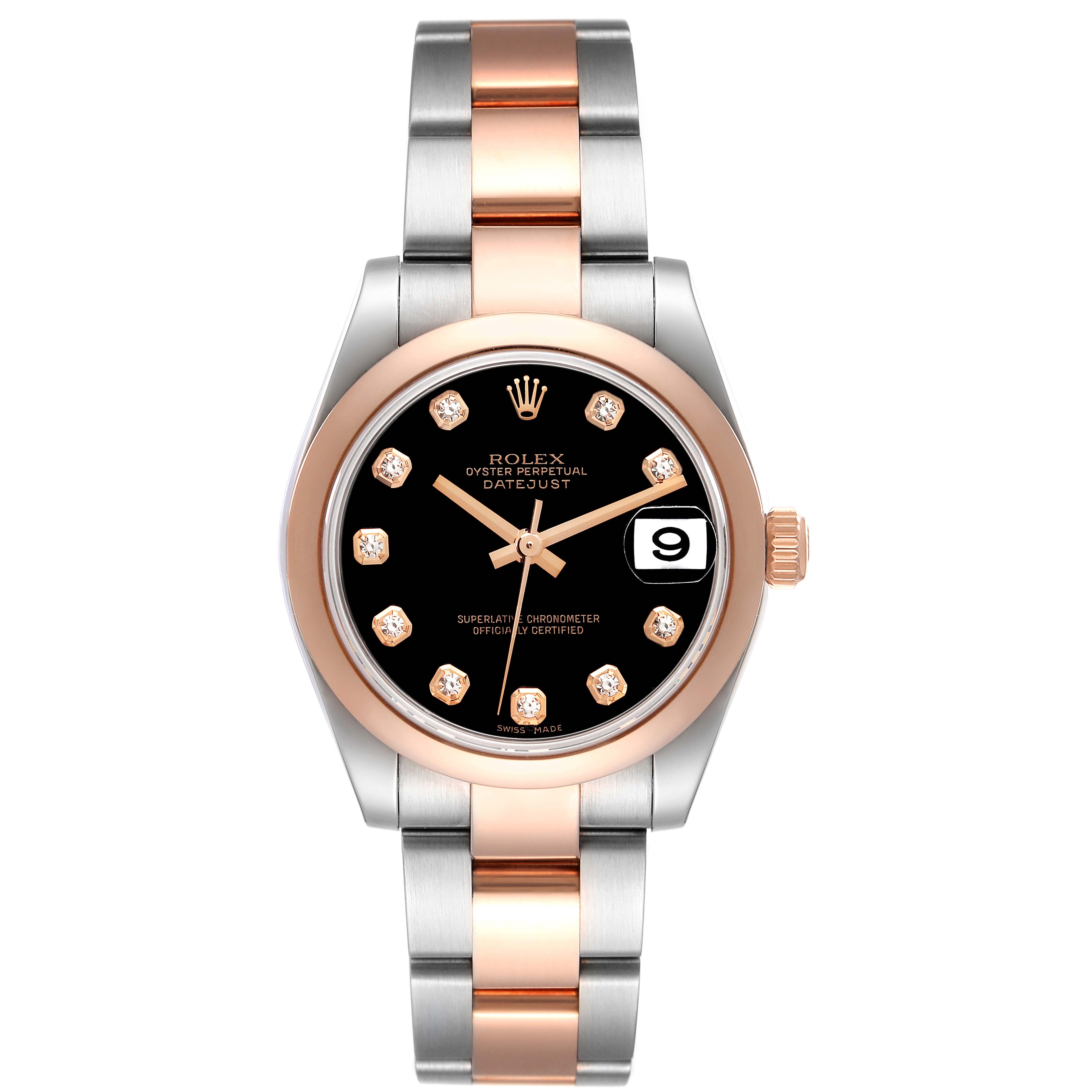 The Rolex Mid-Size 178241 Women
s Steel and Gold (two tone) Black Dial 178241 Women
s Steel and Gold (two tone) Black Dial Datejust watch is shown from a front angle, displaying its black dial, two-tone band, and date window at 3 o
clock.