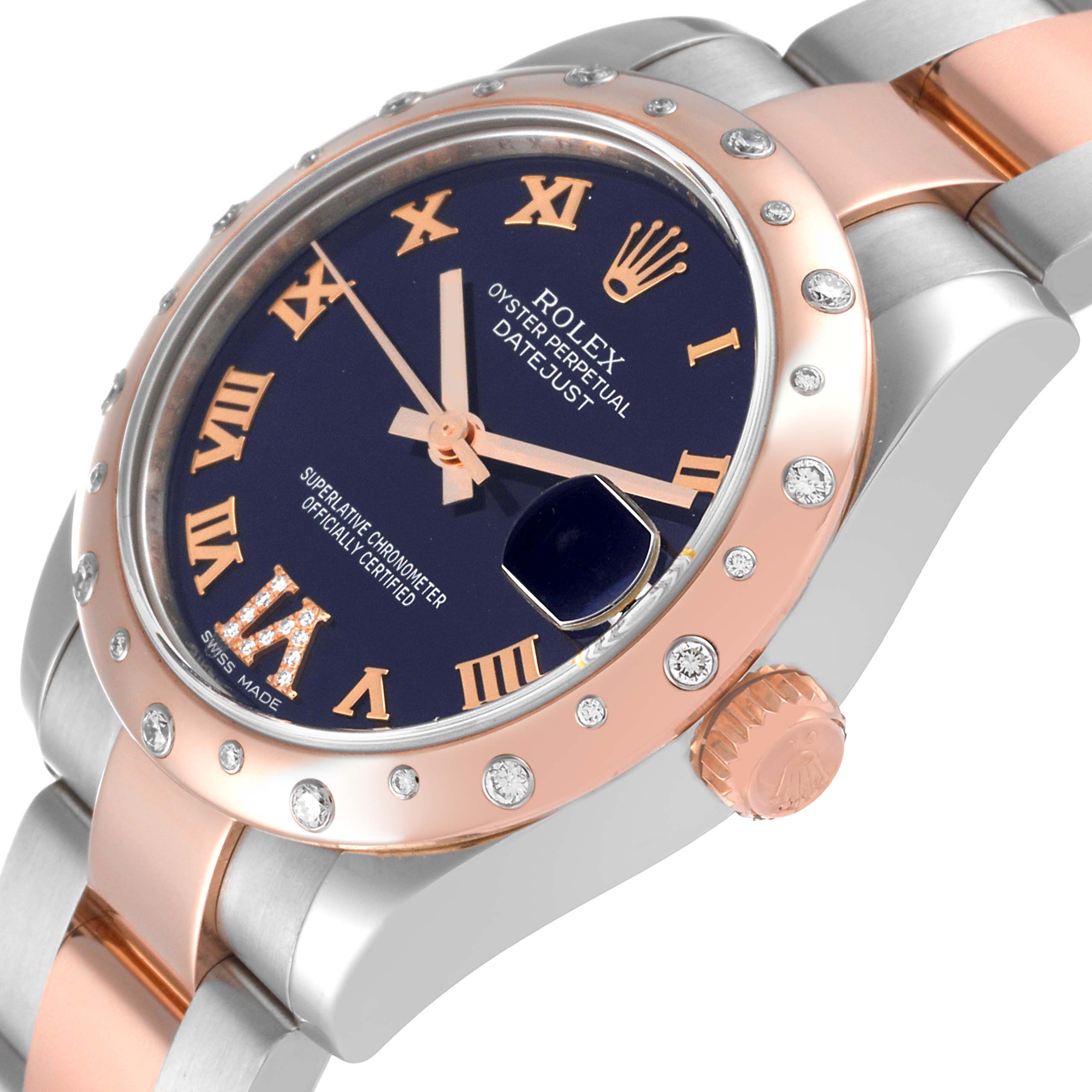The image showcases a Rolex Mid-Size 178341 Women's Steel and Gold (two tone) Purple Dial 178341 Women's Steel and Gold (two tone) Purple Dial Datejust watch at a slight angle, highlighting its face, dial, bezel, and part of the bracelet.