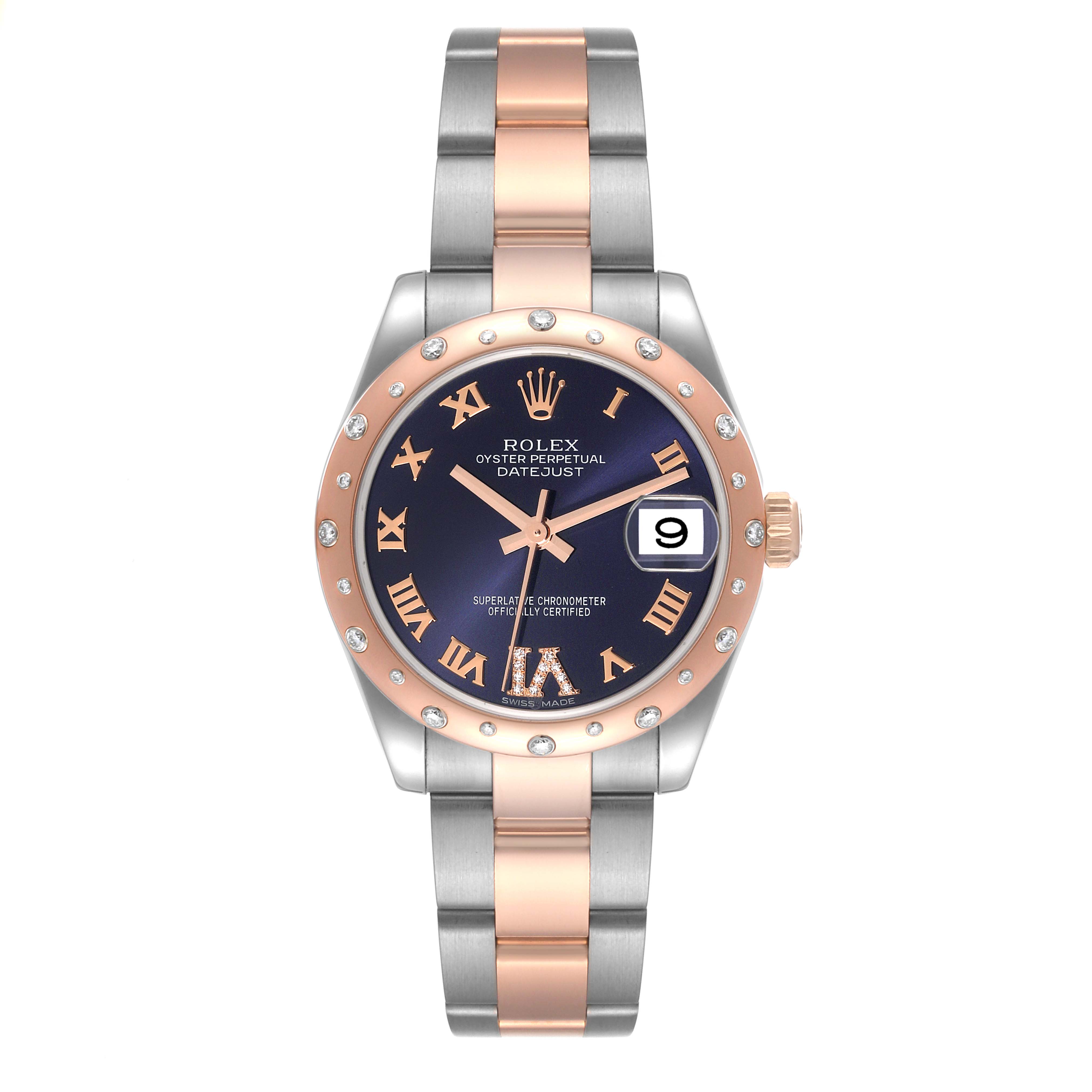 The image shows a front view of a Rolex Mid-Size 178341 Women's Steel and Gold (two tone) Purple Dial 178341 Women's Steel and Gold (two tone) Purple Dial Oyster Perpetual Datejust watch with a bi-color bracelet.