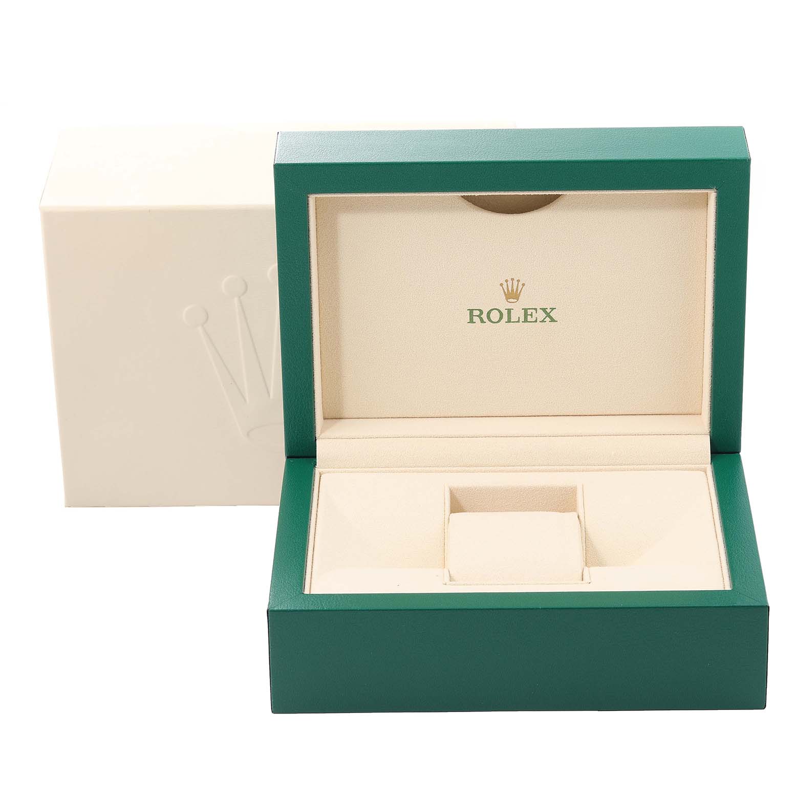 The image shows an open green and beige Rolex watch box, intended for a Mid-Size model.