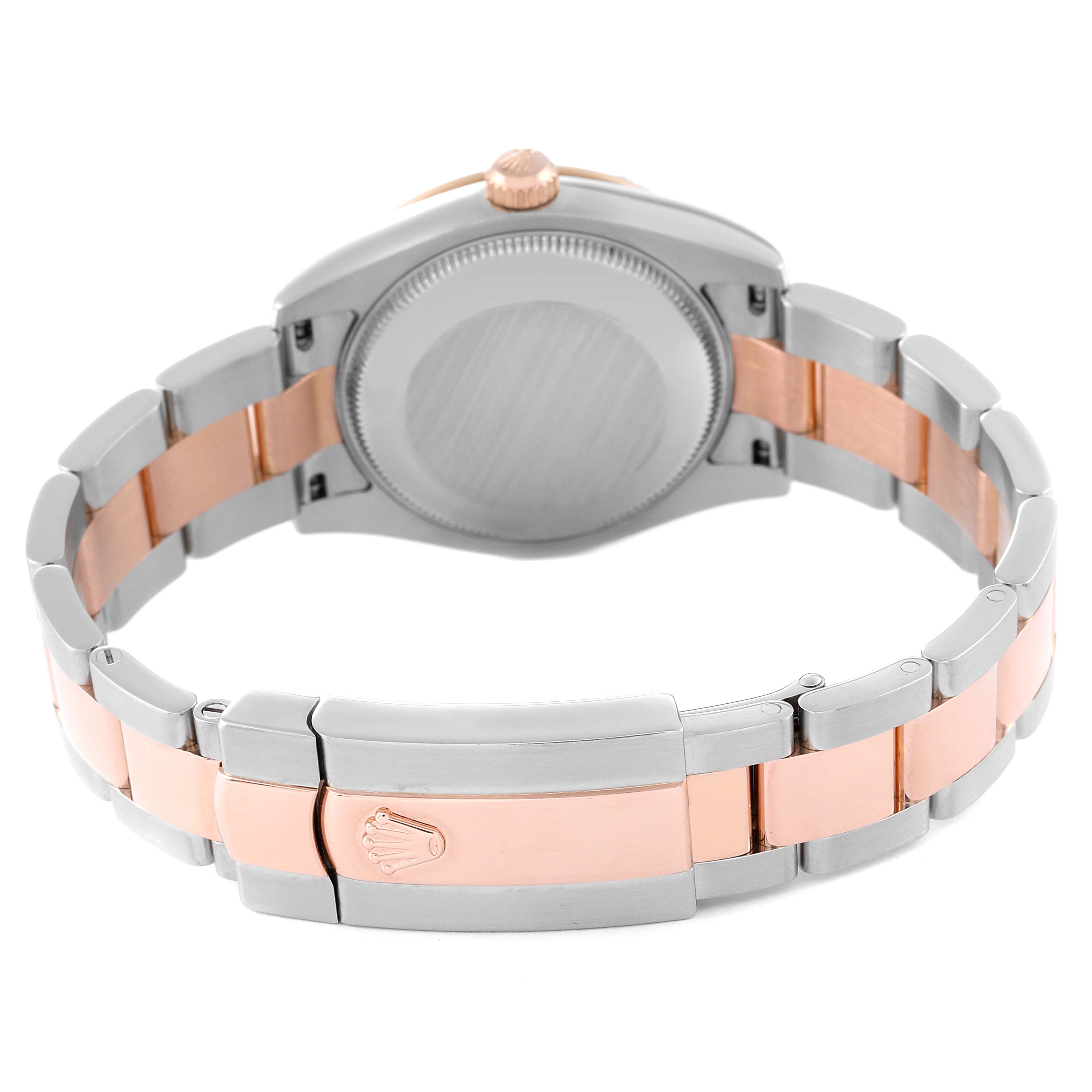 The image shows the back case and bracelet clasp of a Mid-Size Rolex watch, highlighting its two-tone metal design.