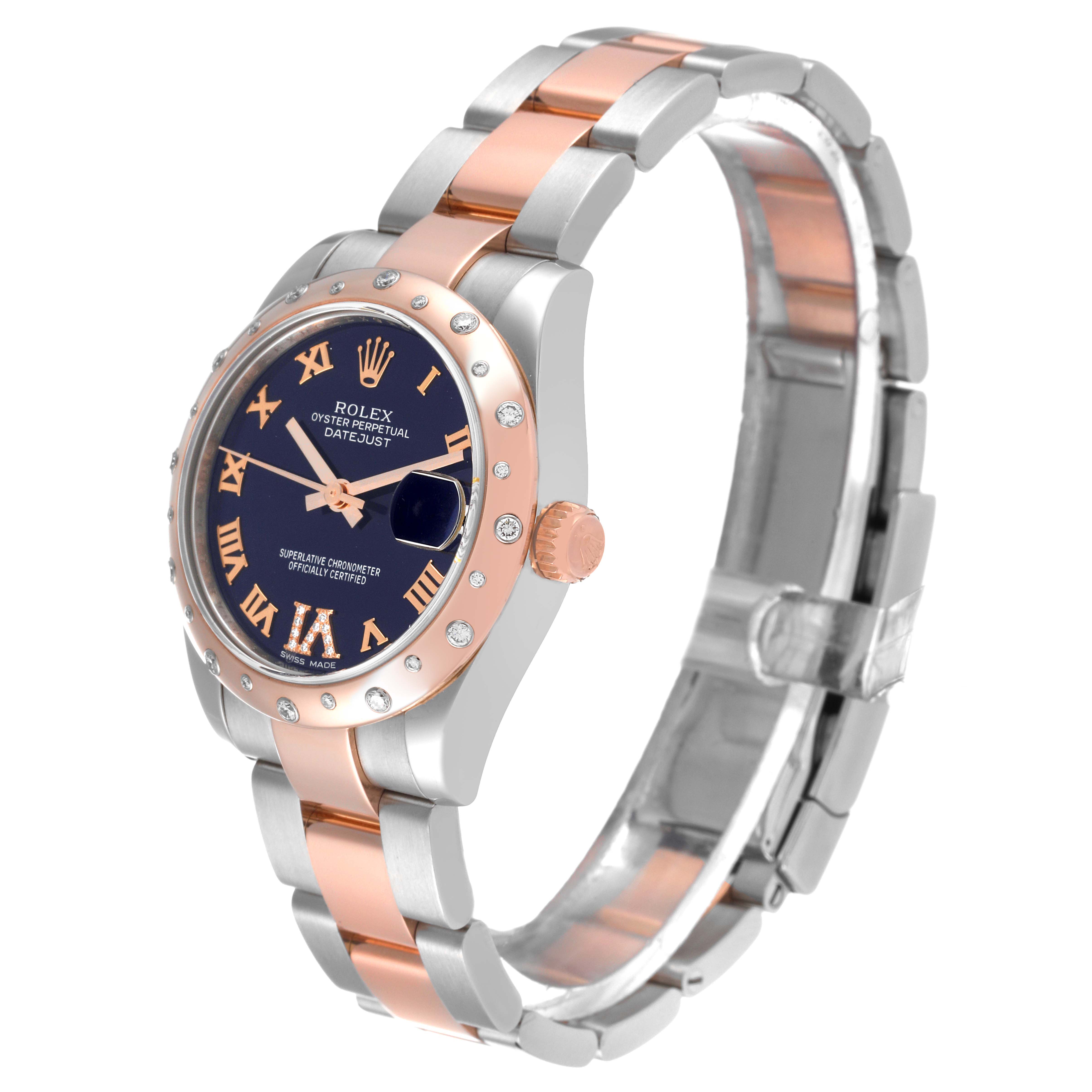 The Rolex Mid-Size 178341 Women's Steel and Gold (two tone) Purple Dial 178341 Women's Steel and Gold (two tone) Purple Dial Oyster Perpetual Datejust watch is shown at a slight side angle, highlighting the watch face, crown, and bracelet.