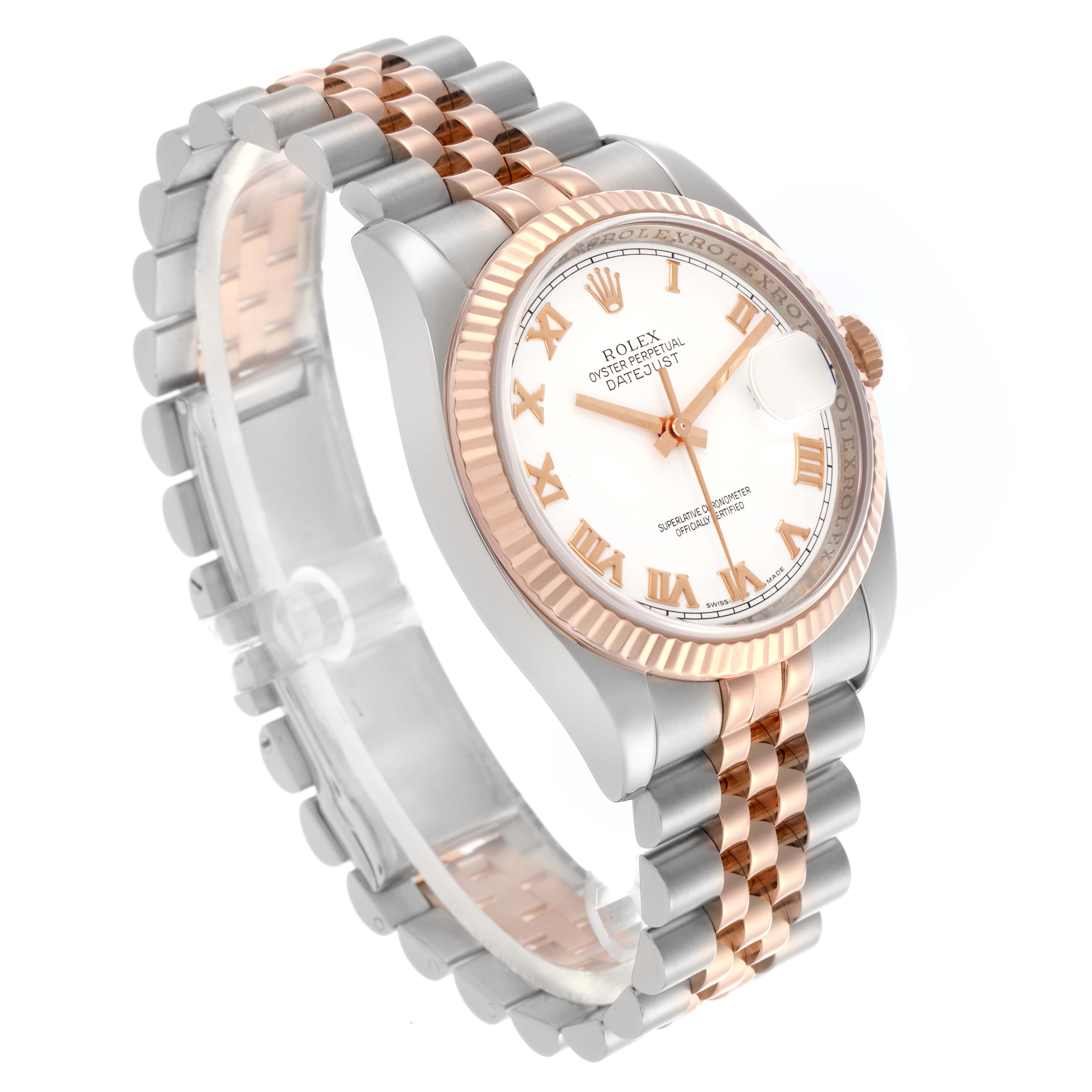 The Rolex Datejust 116231 Men's Steel and Gold (two tone) White Dial 116231 Men's Steel and Gold (two tone) White Dial watch is shown at a three-quarter angle, highlighting the case, bezel, dial, and Jubilee bracelet.