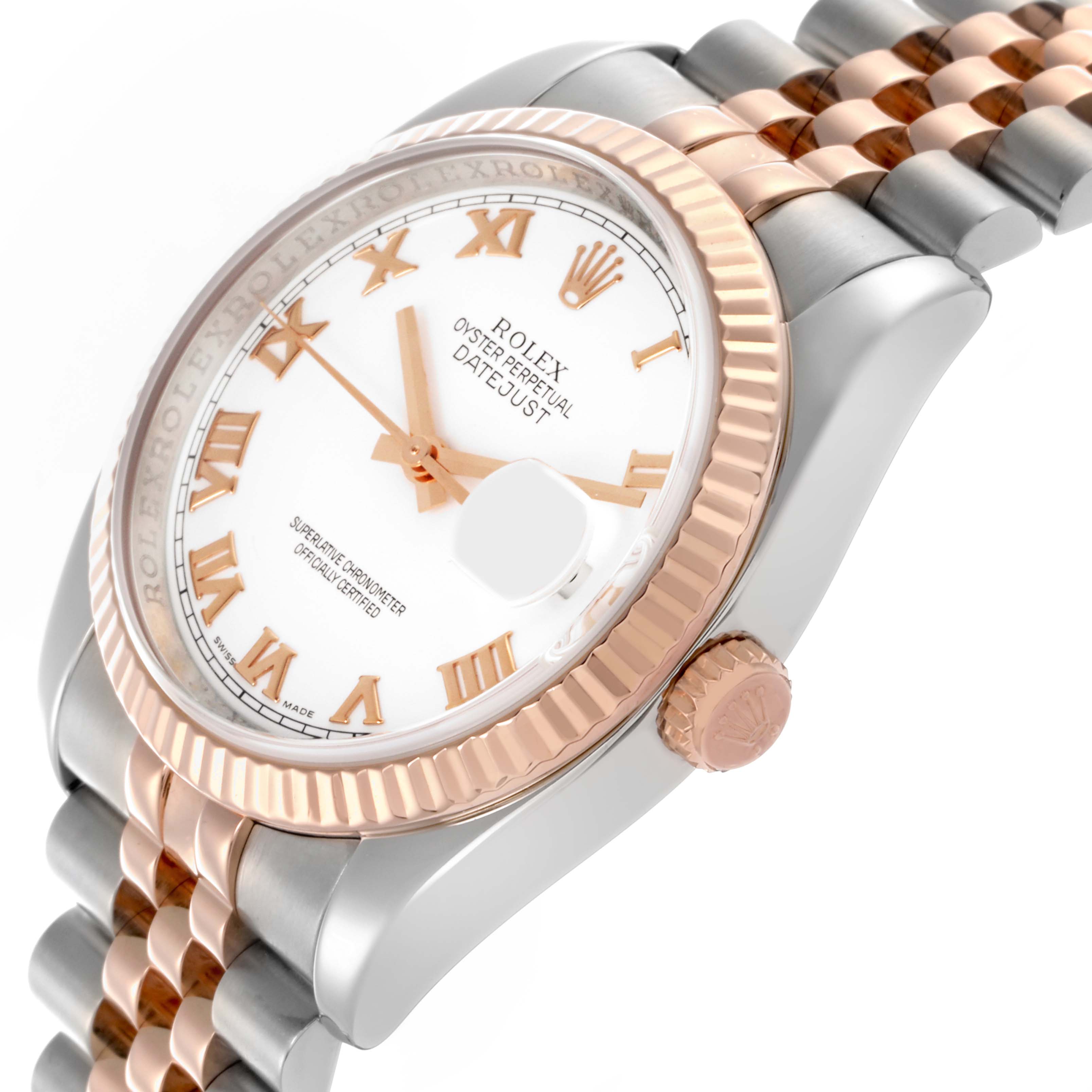 The Rolex Datejust 116231 Men's Steel and Gold (two tone) White Dial 116231 Men's Steel and Gold (two tone) White Dial watch is shown from a side angle, highlighting the bezel, crown, and part of the Jubilee bracelet.