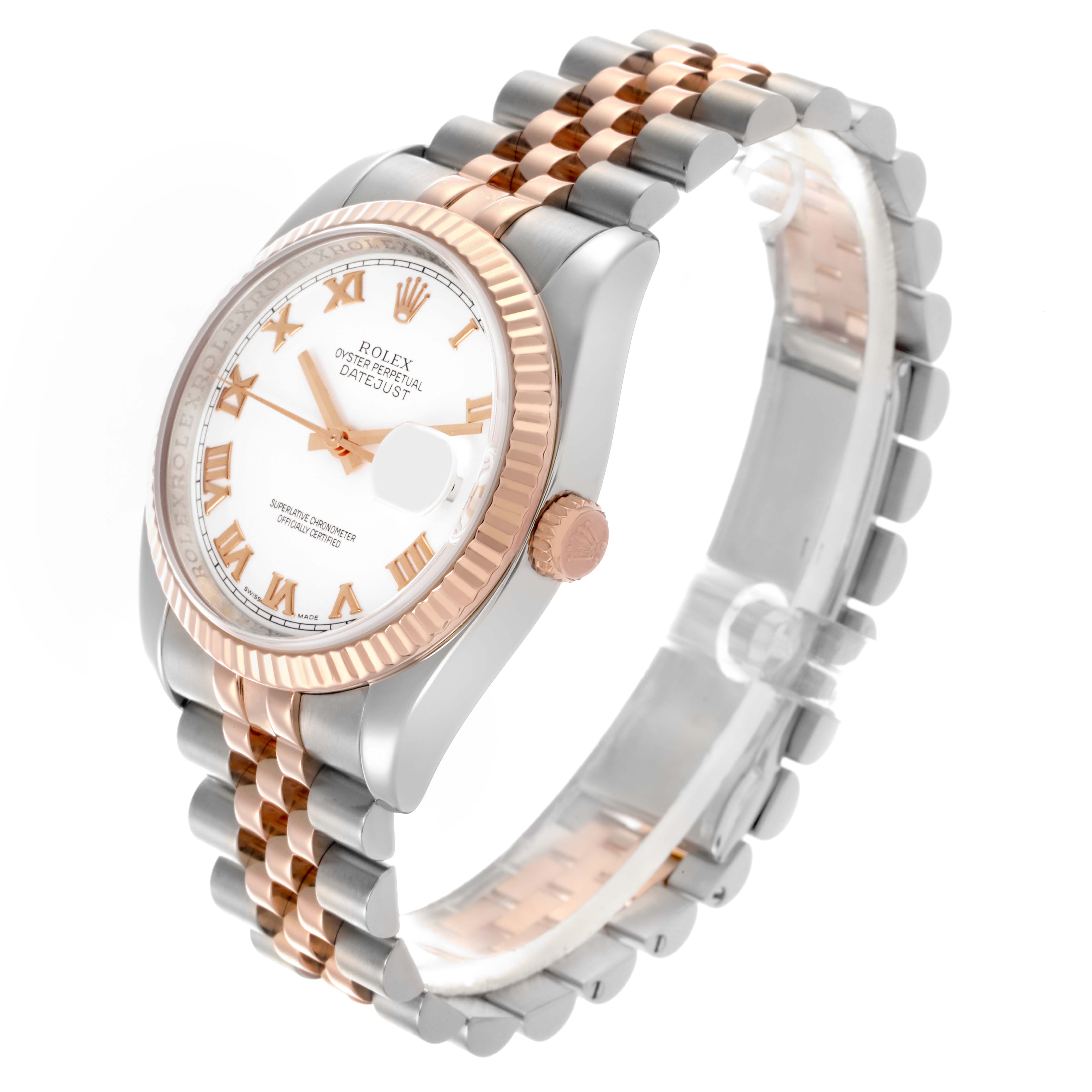 The Rolex Datejust 116231 Men's Steel and Gold (two tone) White Dial 116231 Men's Steel and Gold (two tone) White Dial watch is shown at a three-quarter angle, highlighting the dial, bezel, and bracelet.