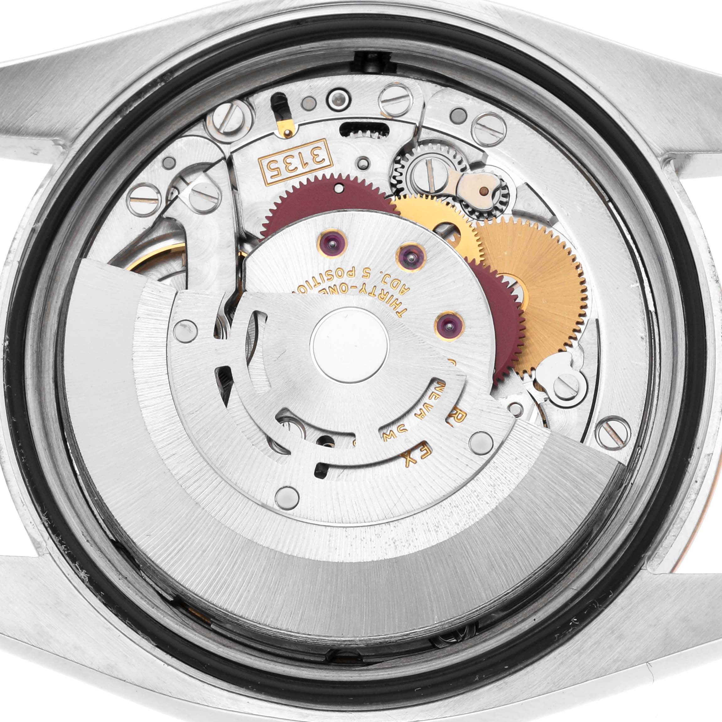 This image shows the internal movement mechanism of a Rolex Datejust 116231 Men's Steel and Gold (two tone) White Dial 116231 Men's Steel and Gold (two tone) White Dial watch from a top-down angle.