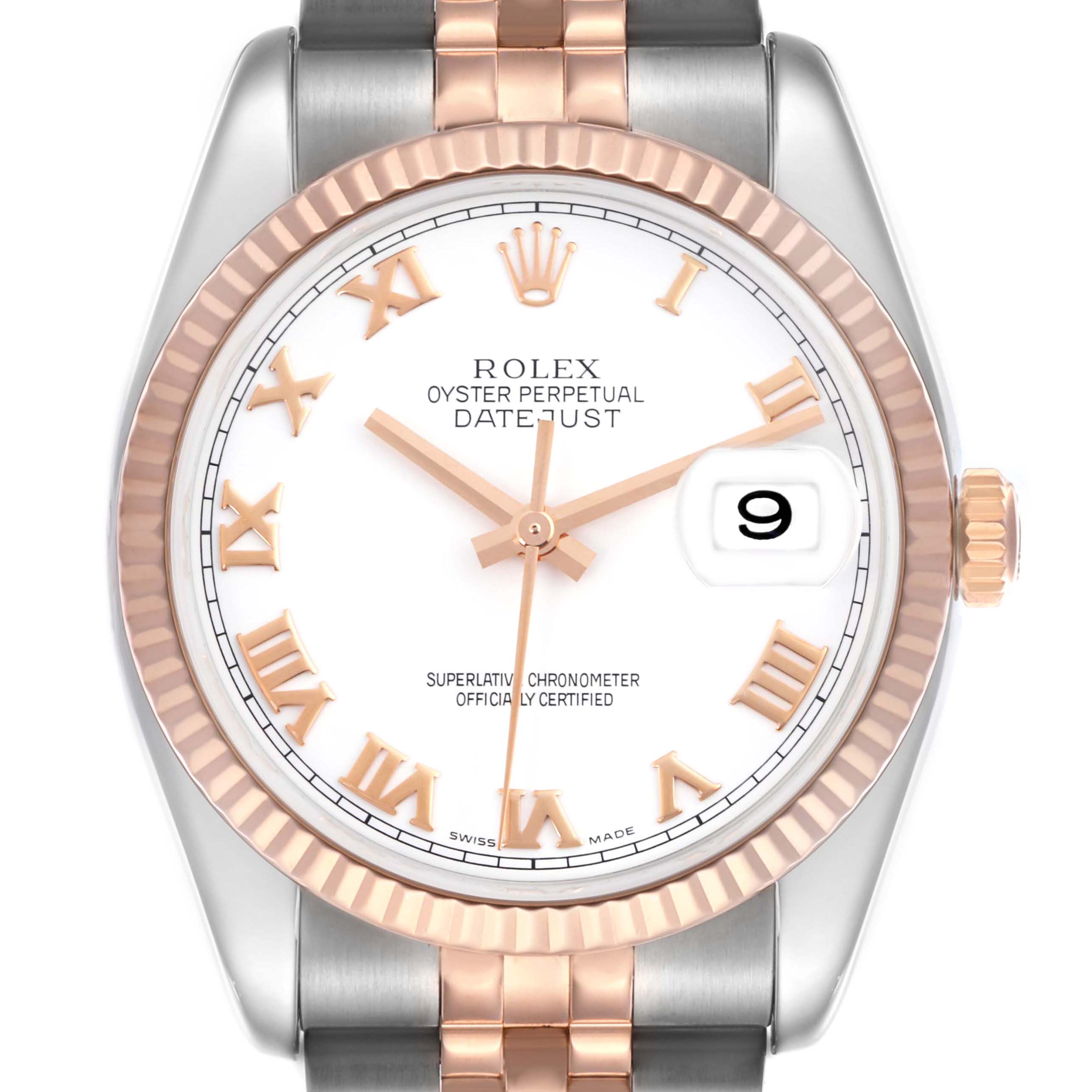 This image shows a frontal view of the Rolex Datejust 116231 Men's Steel and Gold (two tone) White Dial 116231 Men's Steel and Gold (two tone) White Dial, highlighting its dial, markers, bezel, and part of the bracelet.