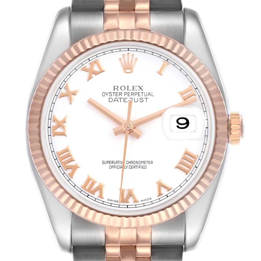 This image shows a frontal view of the Rolex Datejust, highlighting its dial, markers, bezel, and part of the bracelet.