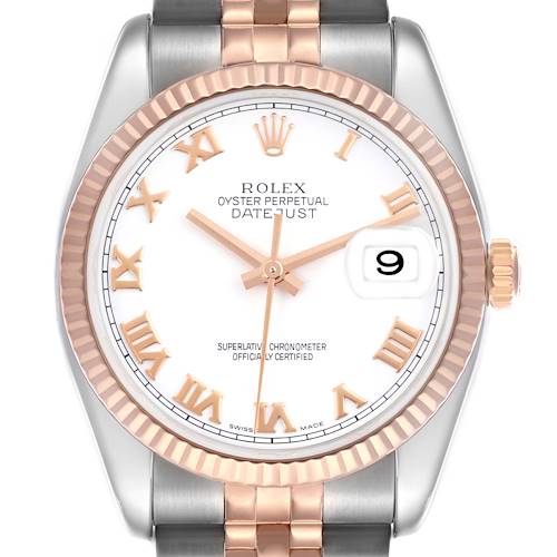 The Rolex Datejust watch is shown from the front, highlighting the face, bezel, and bracelet.