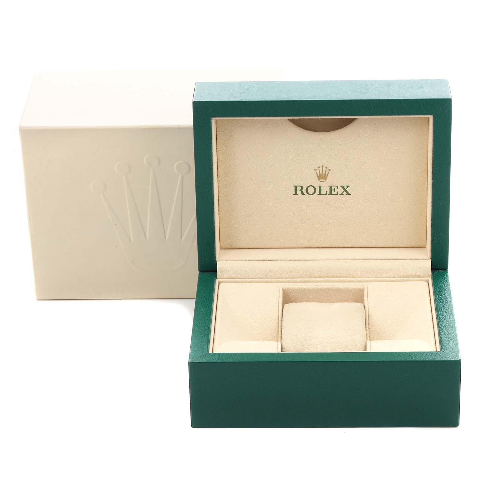 The image shows the open box and packaging for a Rolex Datejust 116231 Men's Steel and Gold (two tone) White Dial 116231 Men's Steel and Gold (two tone) White Dial, featuring a green box with a beige interior.
