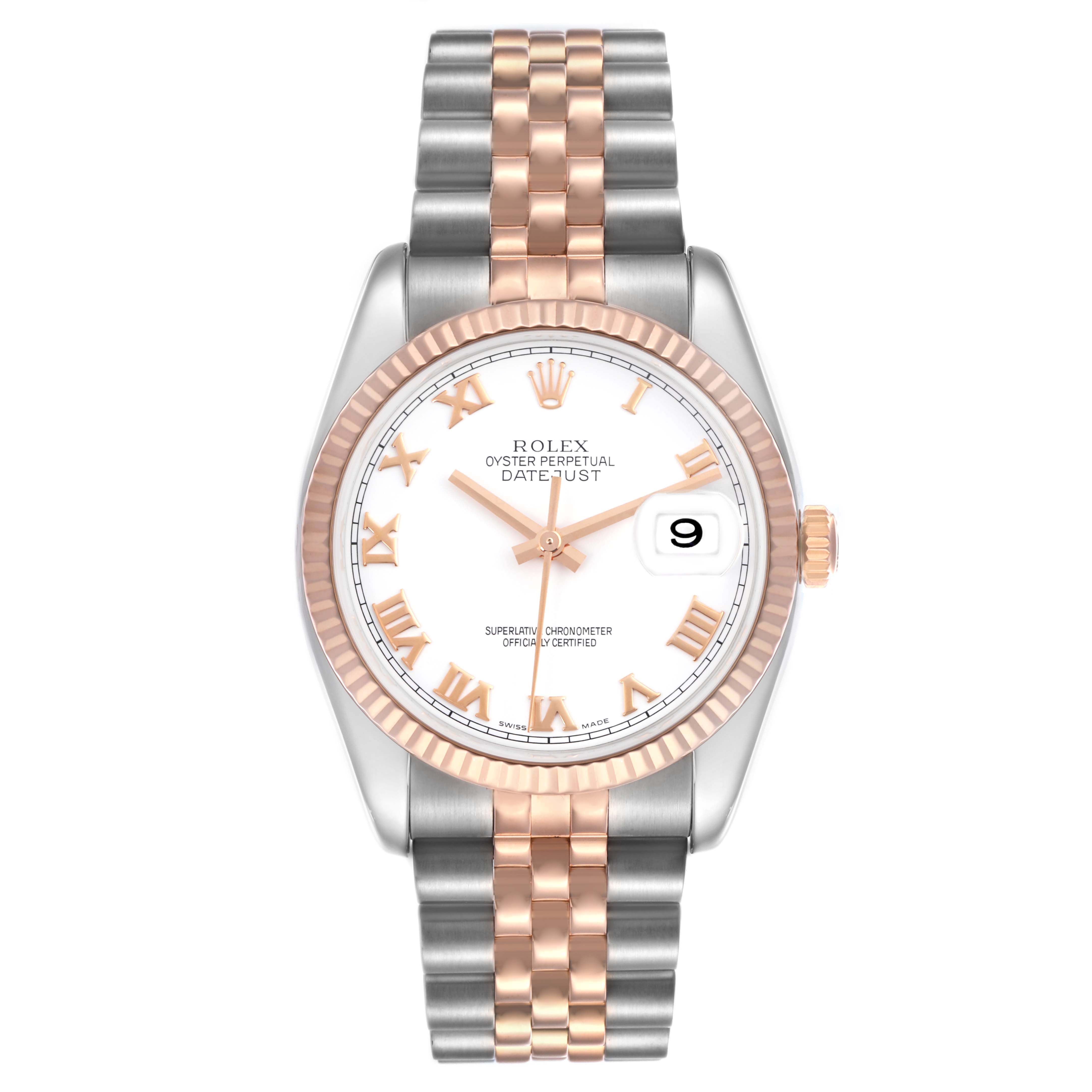 This Rolex Datejust 116231 Men's Steel and Gold (two tone) White Dial 116231 Men's Steel and Gold (two tone) White Dial watch is shown from a top-down angle, highlighting the dial, bezel, and two-tone bracelet.