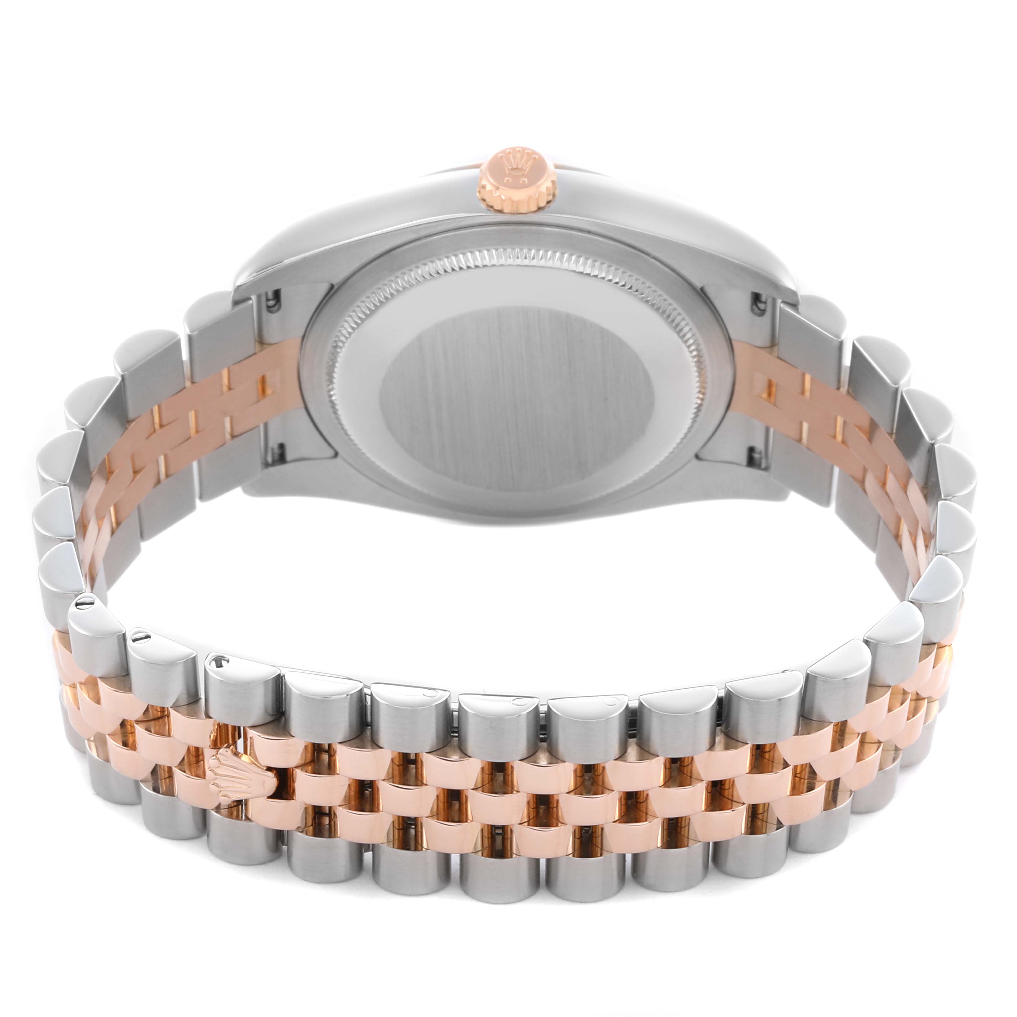 The Rolex Datejust 116231 Men's Steel and Gold (two tone) White Dial 116231 Men's Steel and Gold (two tone) White Dial watch is shown from the back, highlighting its case and two-tone jubilee bracelet.