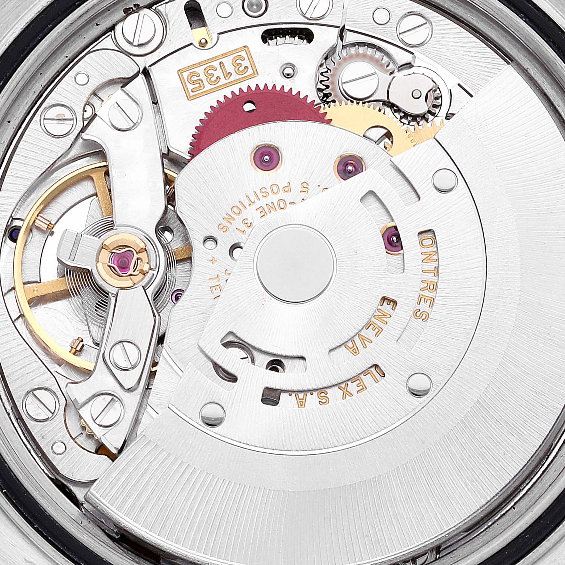 This close-up image shows the inner movement mechanism of a Rolex Datejust 16234 Men's Stainless Steel Blue Dial 16234 Men's Stainless Steel Blue Dial watch, focusing on gears and the rotor.