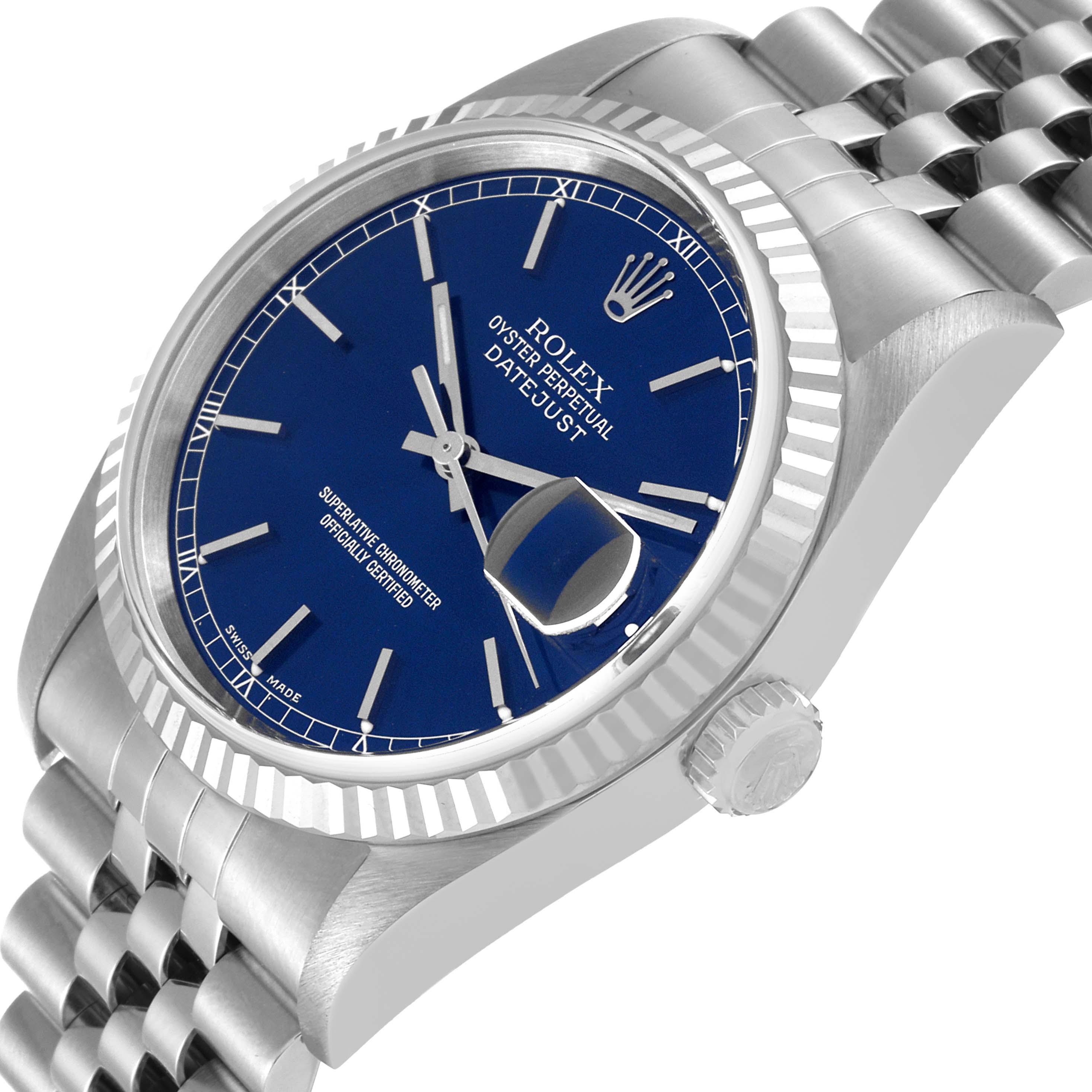 This image shows a close-up angle of a Rolex Datejust 16234 Men's Stainless Steel Blue Dial 16234 Men's Stainless Steel Blue Dial watch, highlighting its blue dial, fluted bezel, and Jubilee bracelet.